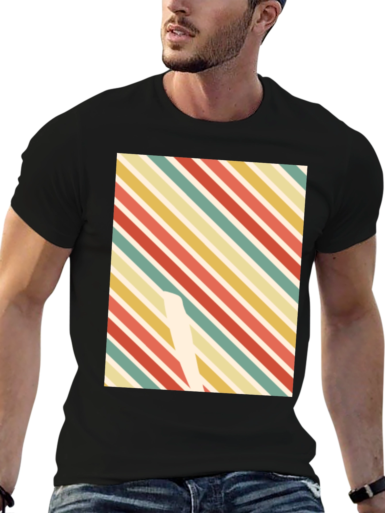 Retro Stripe Pattern Graphic Tee - Casual Style