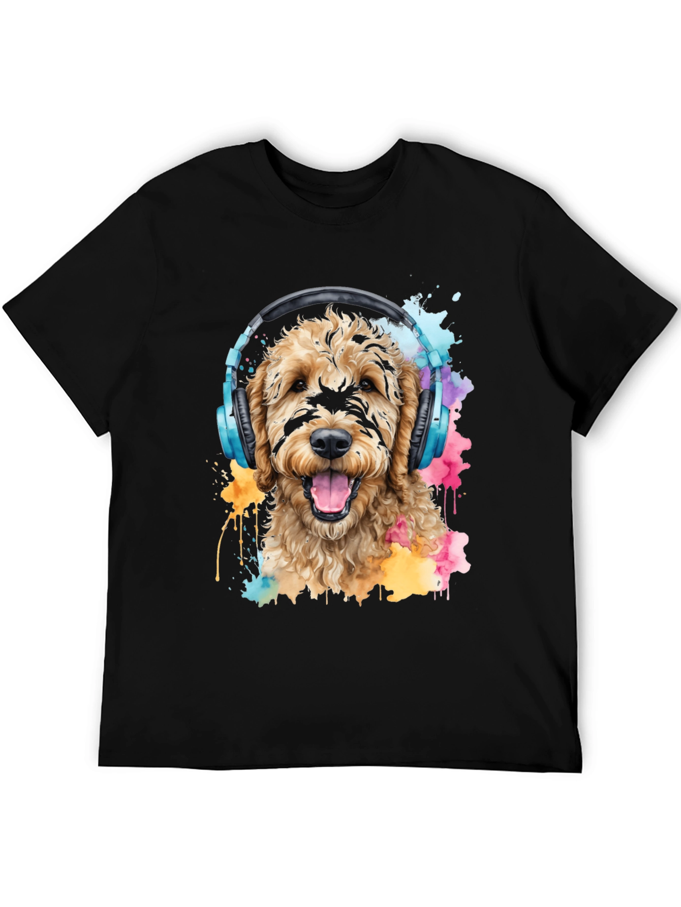 Dog With Headphones Black T-Shirt
