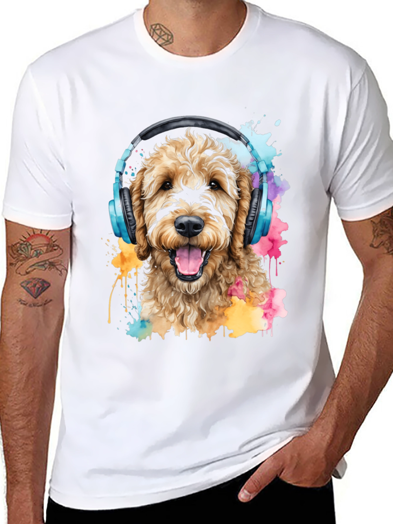 Dog With Headphones Black T-Shirt