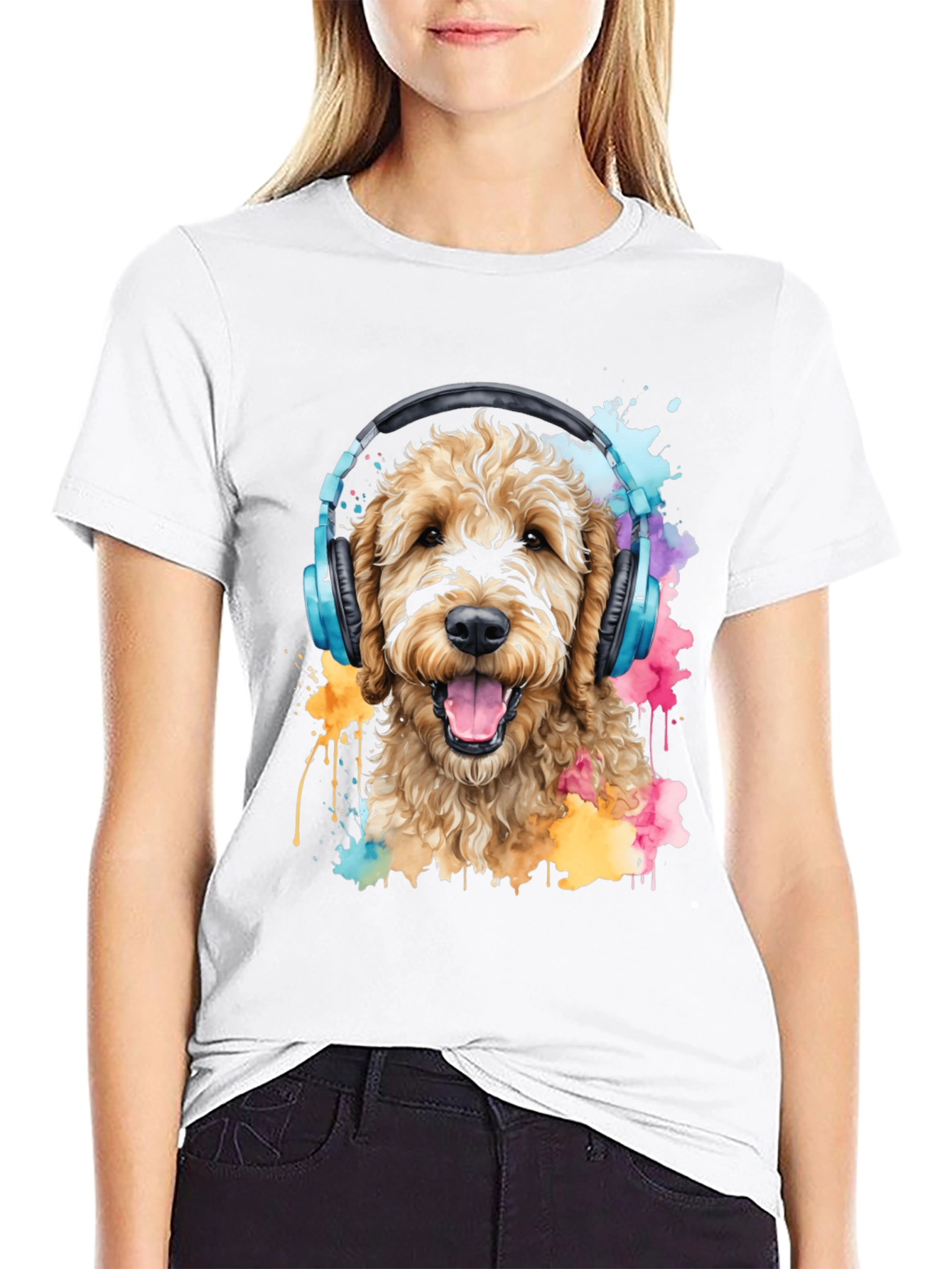 Dog With Headphones Black T-Shirt