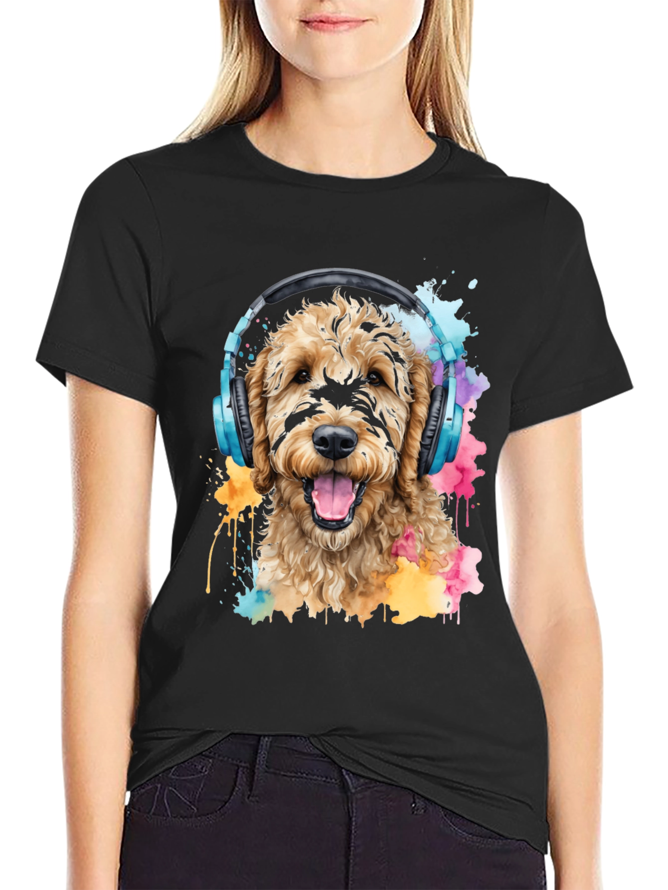 Dog With Headphones Black T-Shirt