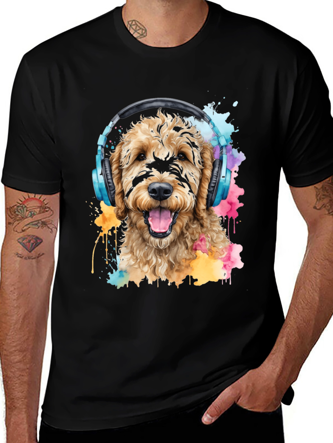 Dog With Headphones Black T-Shirt