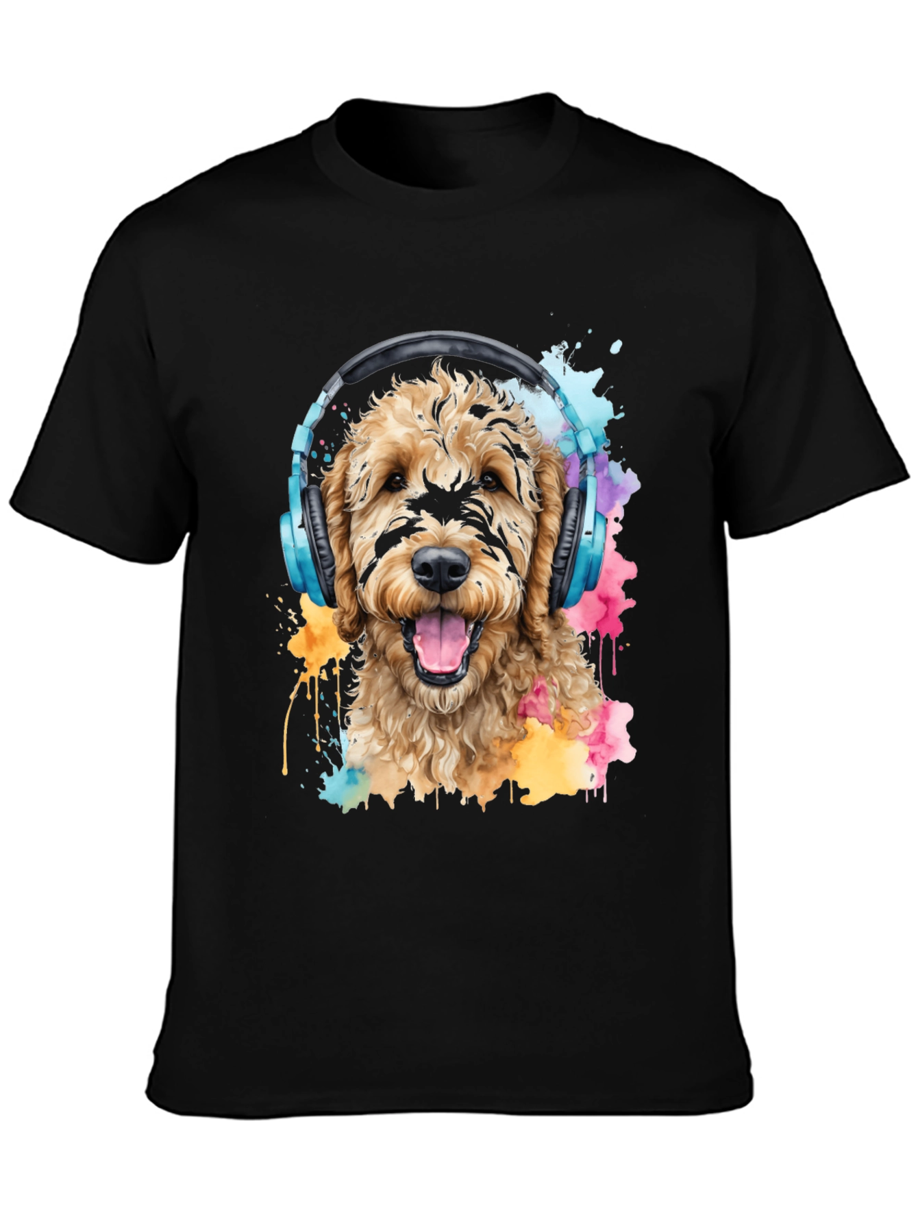 Dog With Headphones Black T-Shirt