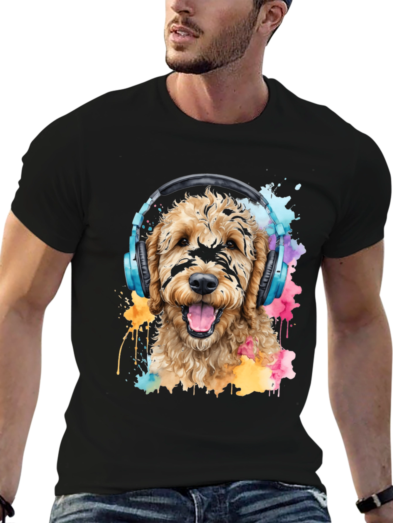 Dog With Headphones Black T-Shirt