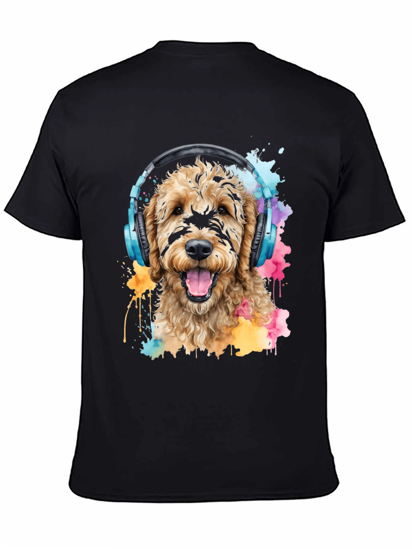 Dog With Headphones Black T-Shirt