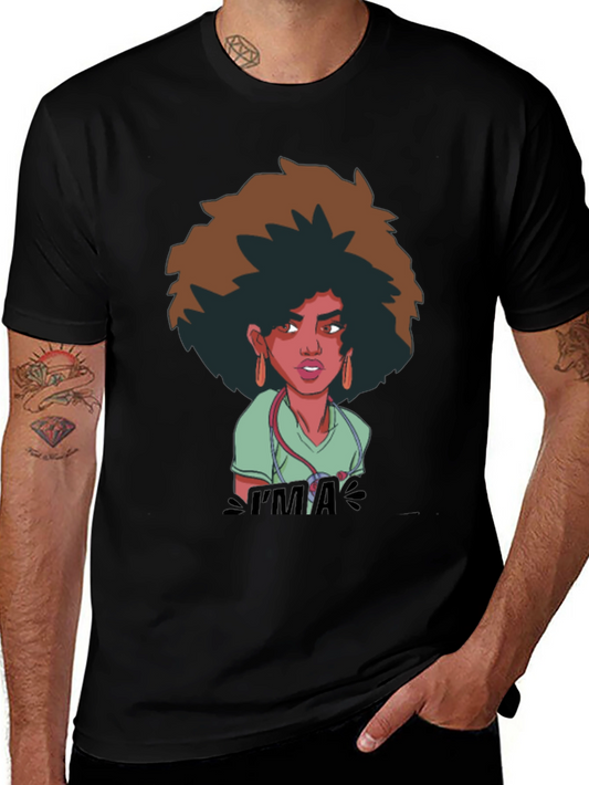 Afro Nurse Graphic Tee - Black Cotton T-Shirt