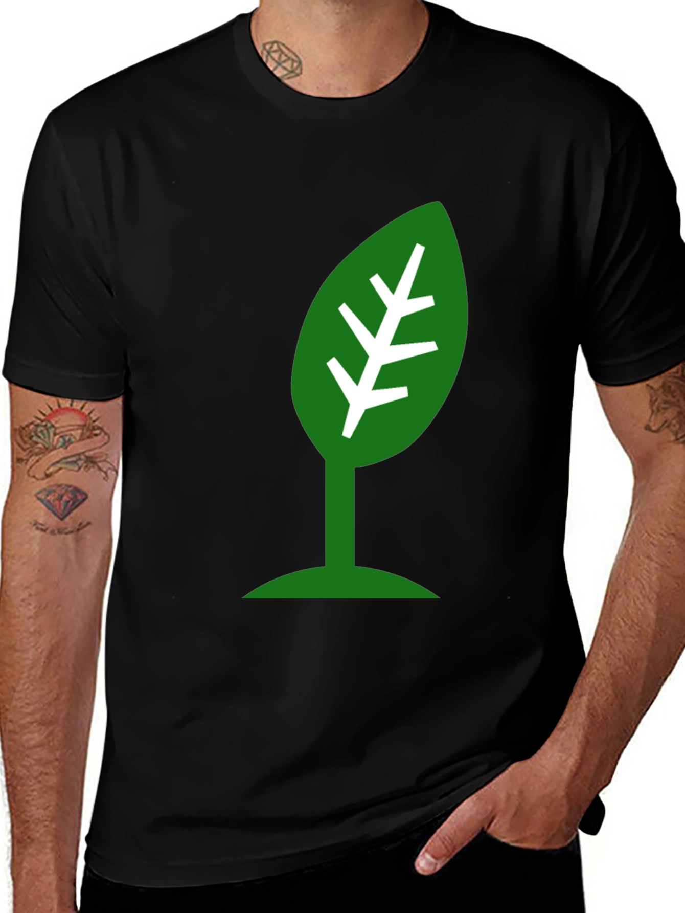 Eco-Friendly Leaf Design Black T-Shirt