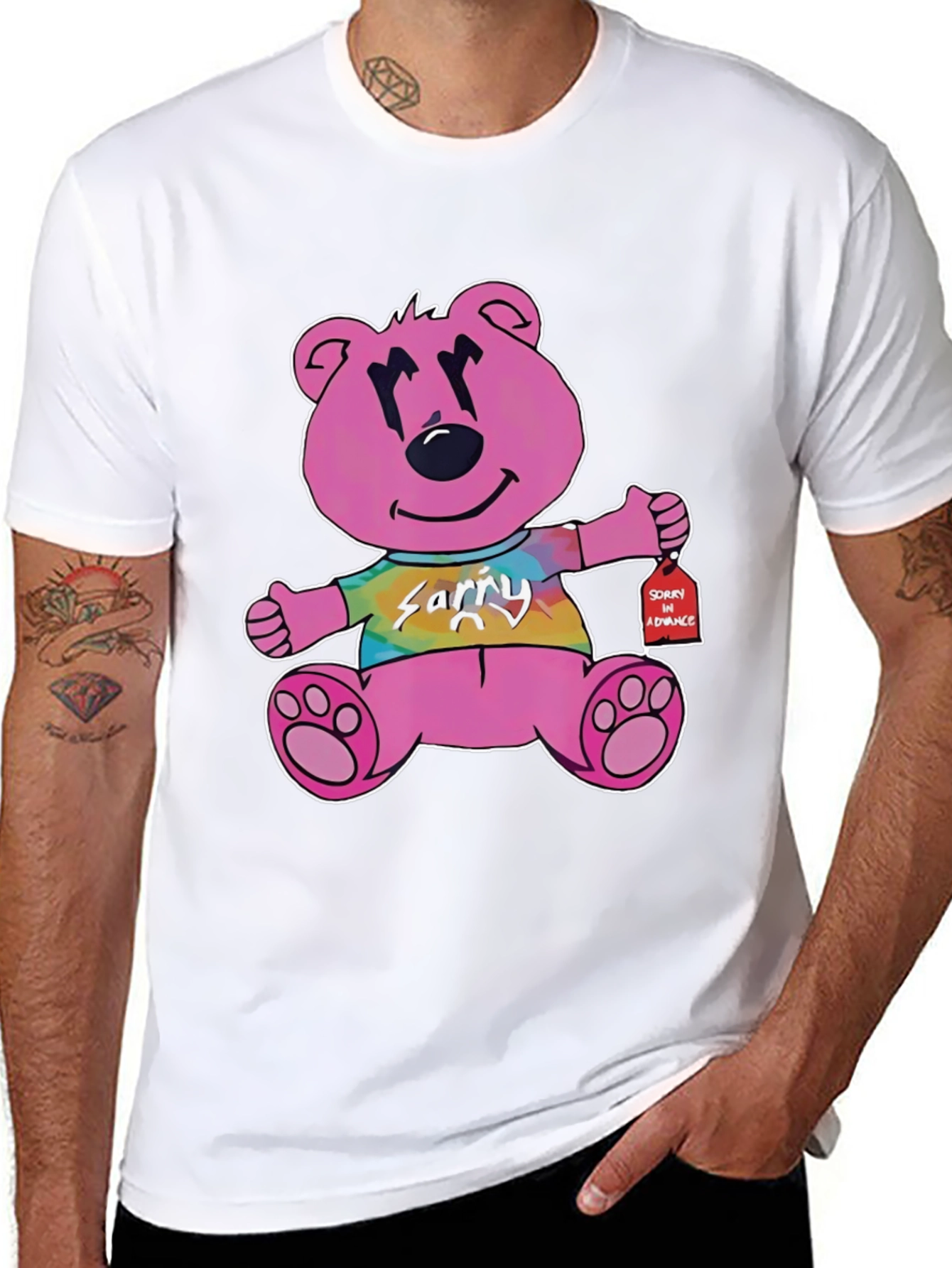 Pink Cartoon Bear Graphic Black T-Shirt