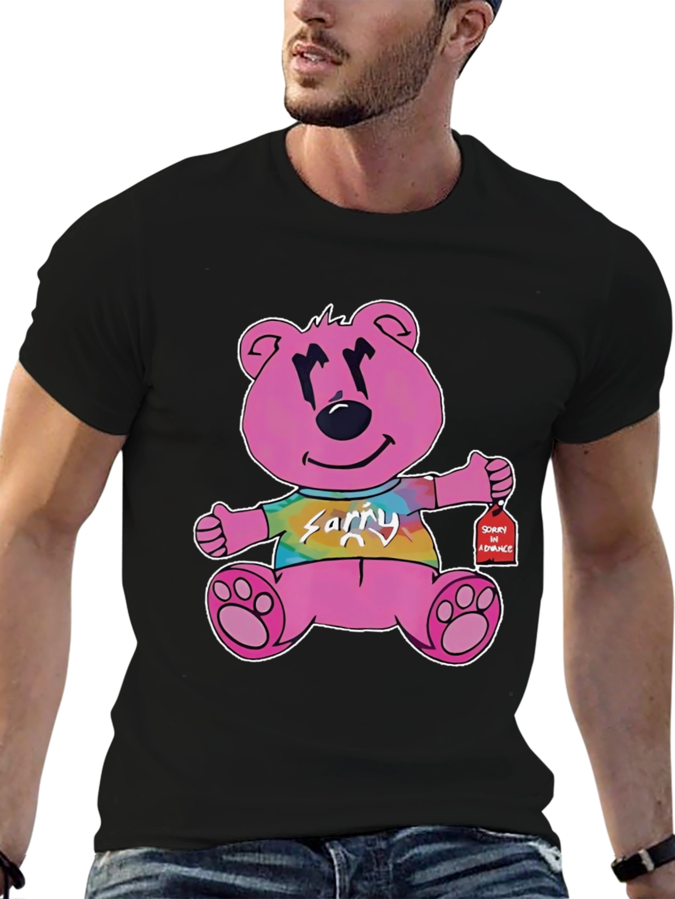 Pink Cartoon Bear Graphic Black T-Shirt
