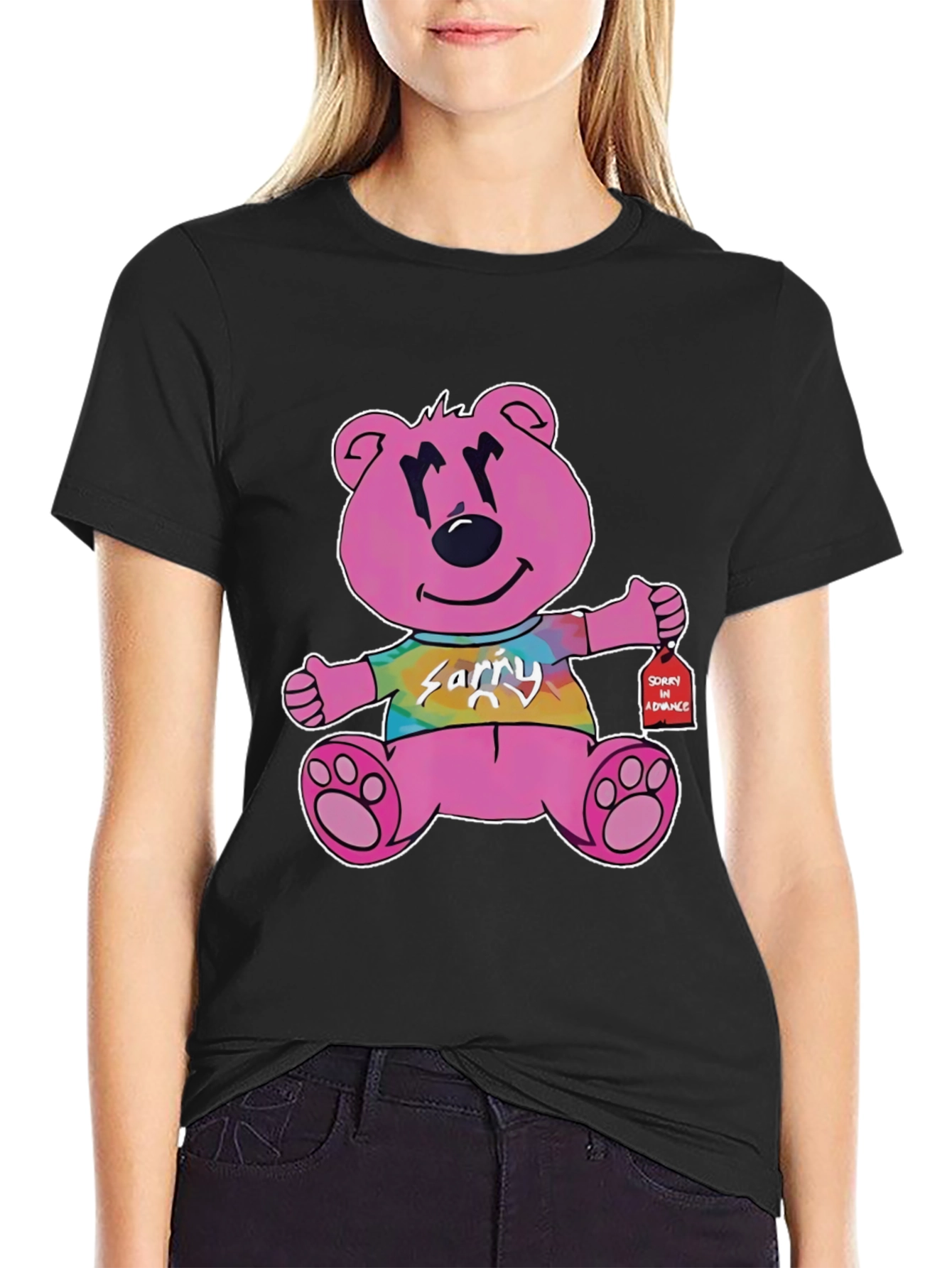 Pink Cartoon Bear Graphic Black T-Shirt