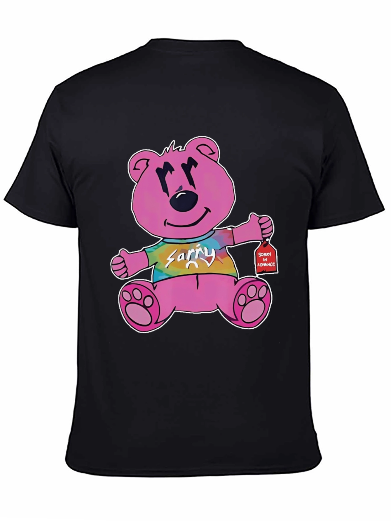 Pink Cartoon Bear Graphic Black T-Shirt