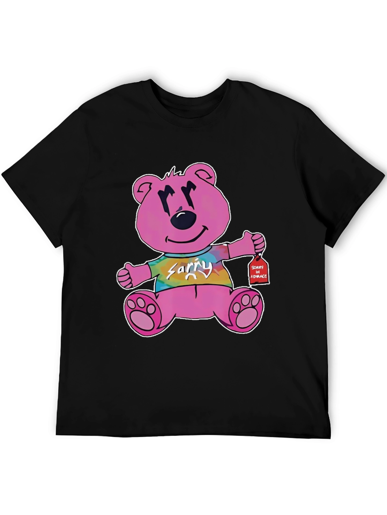Pink Cartoon Bear Graphic Black T-Shirt