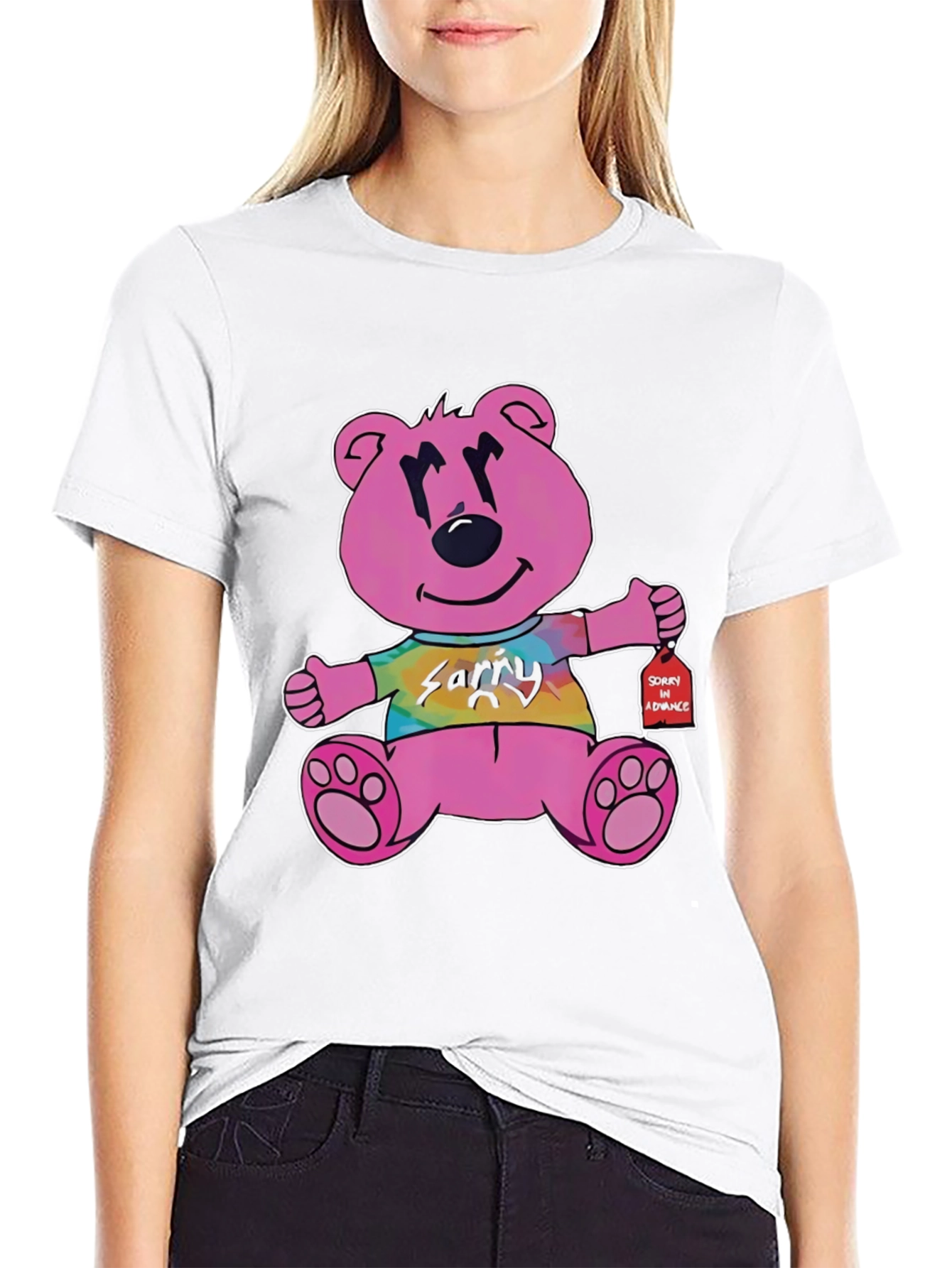 Pink Cartoon Bear Graphic Black T-Shirt