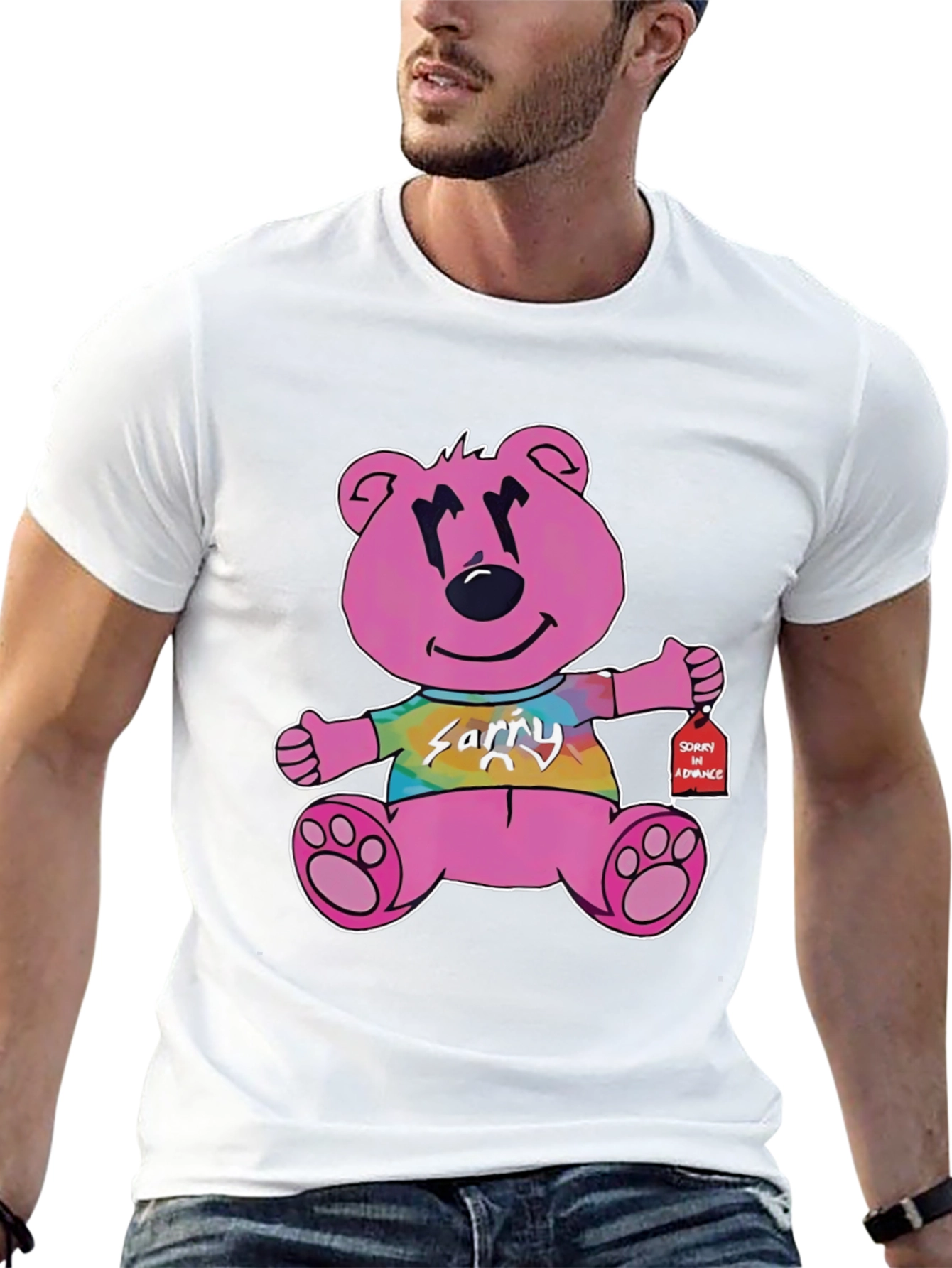Pink Cartoon Bear Graphic Black T-Shirt