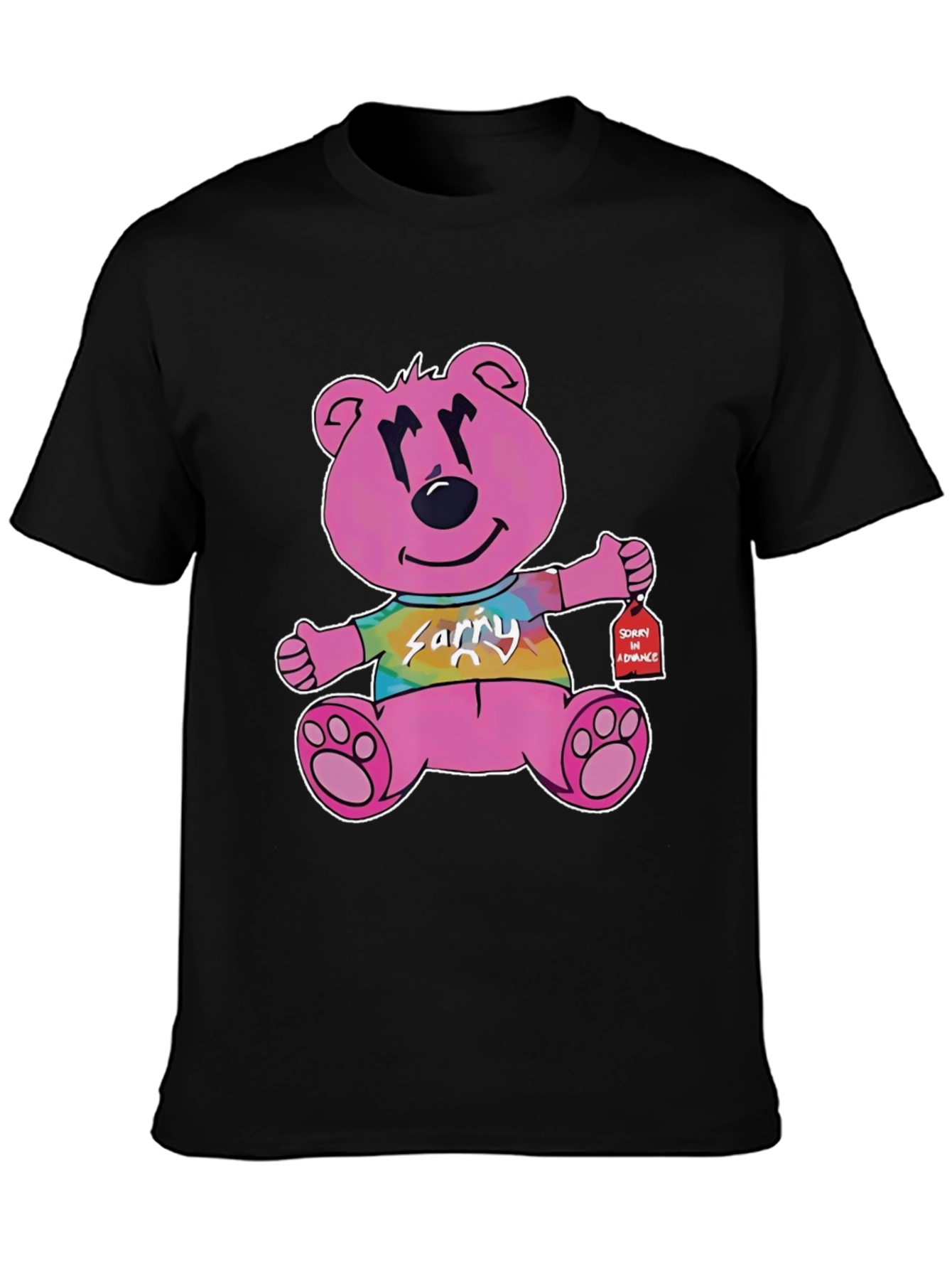 Pink Cartoon Bear Graphic Black T-Shirt
