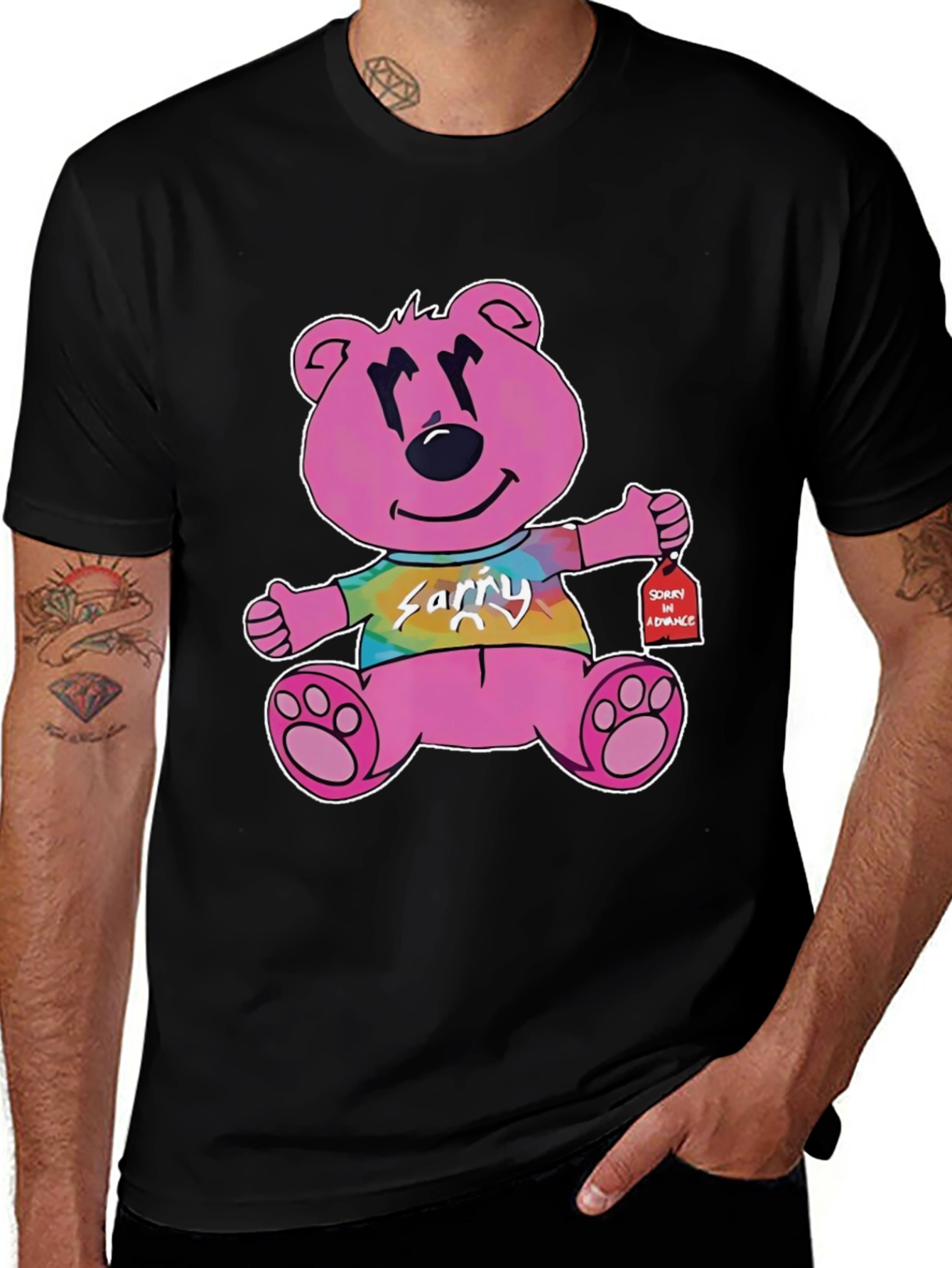 Pink Cartoon Bear Graphic Black T-Shirt