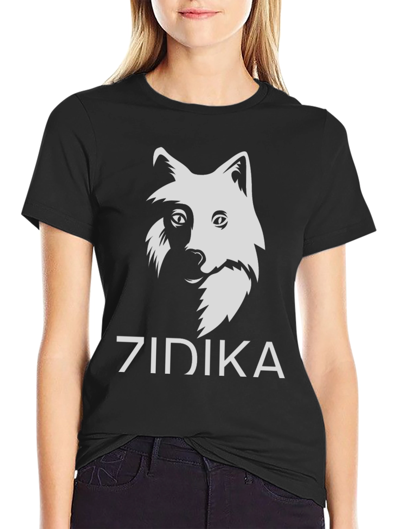 Zidika Black T-Shirt with Wolf Design