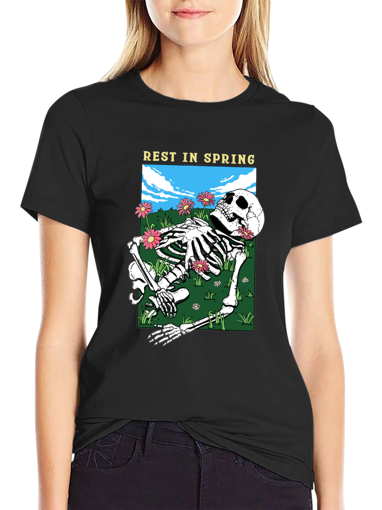 Rest in Spring Skeleton Graphic Tee - Black