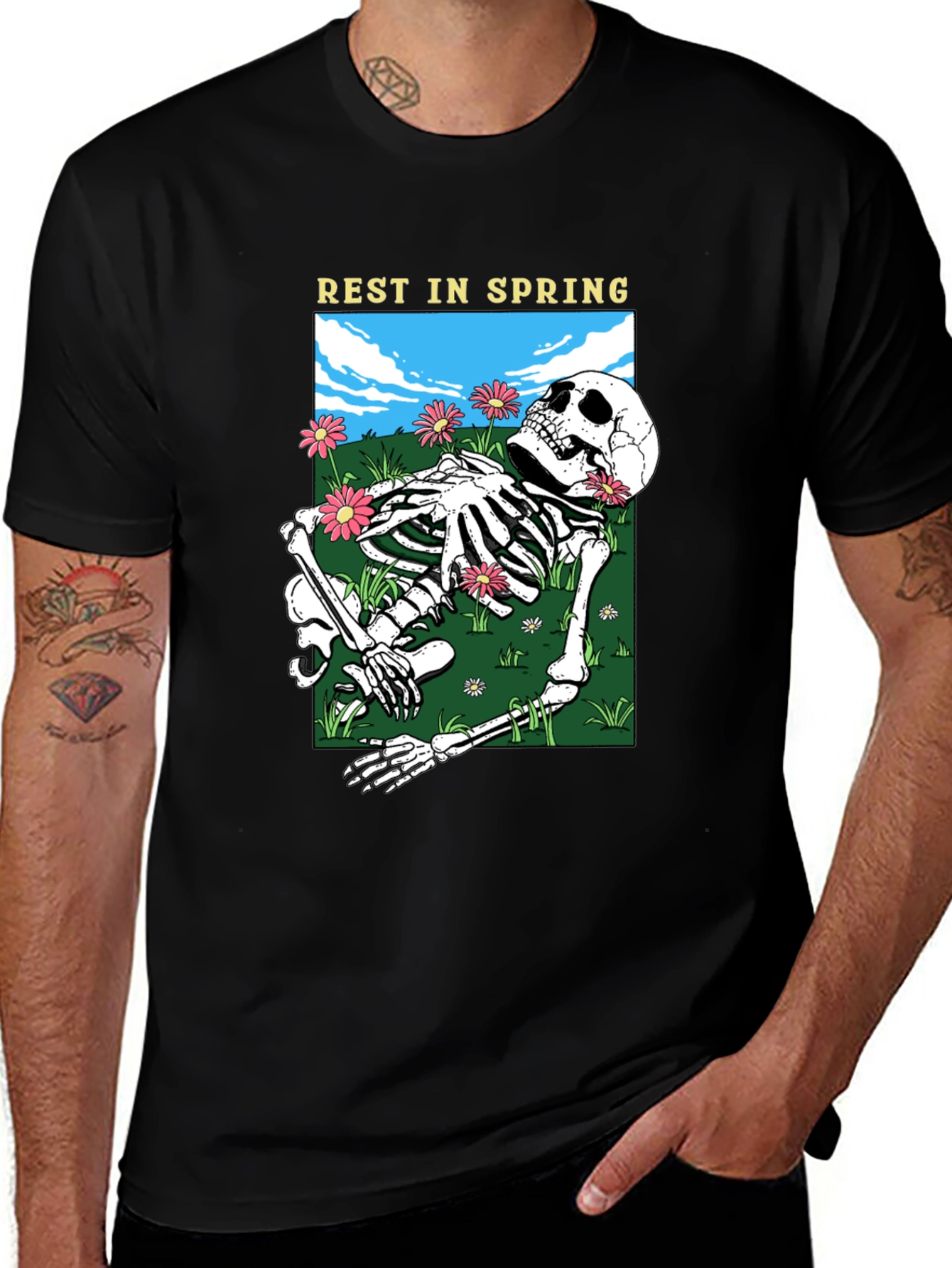 Rest in Spring Skeleton Graphic Tee - Black