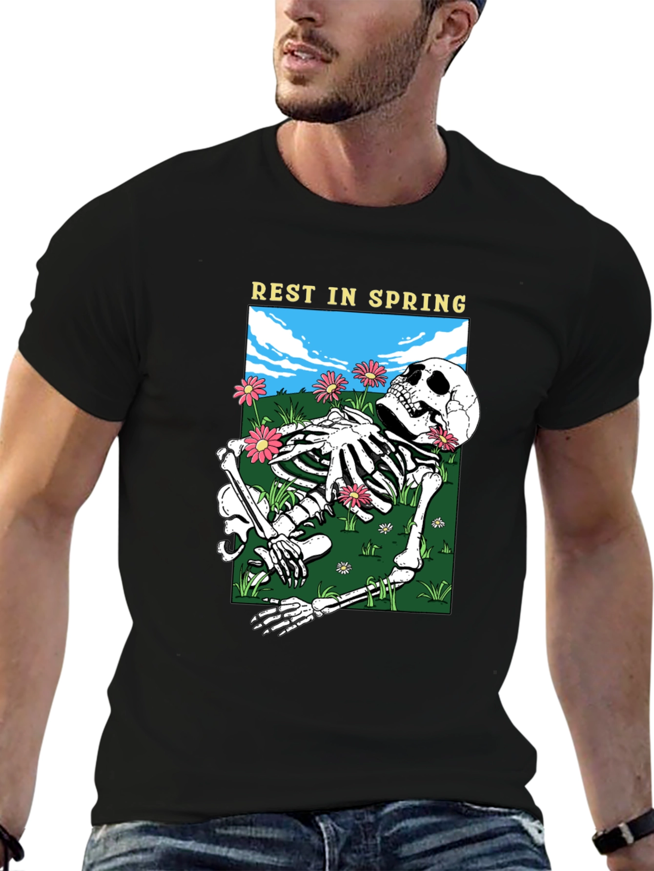 Rest in Spring Skeleton Graphic Tee - Black