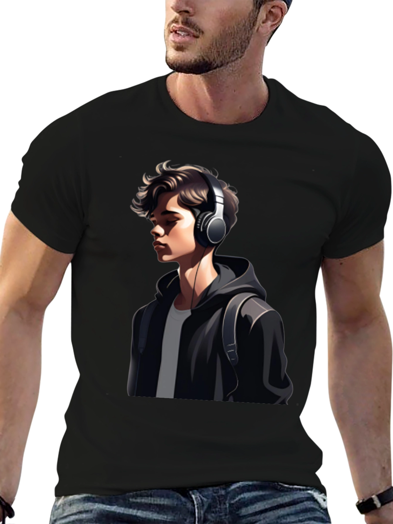 Trendy Mans Graphic Tee - Headphones & Hoodie Design