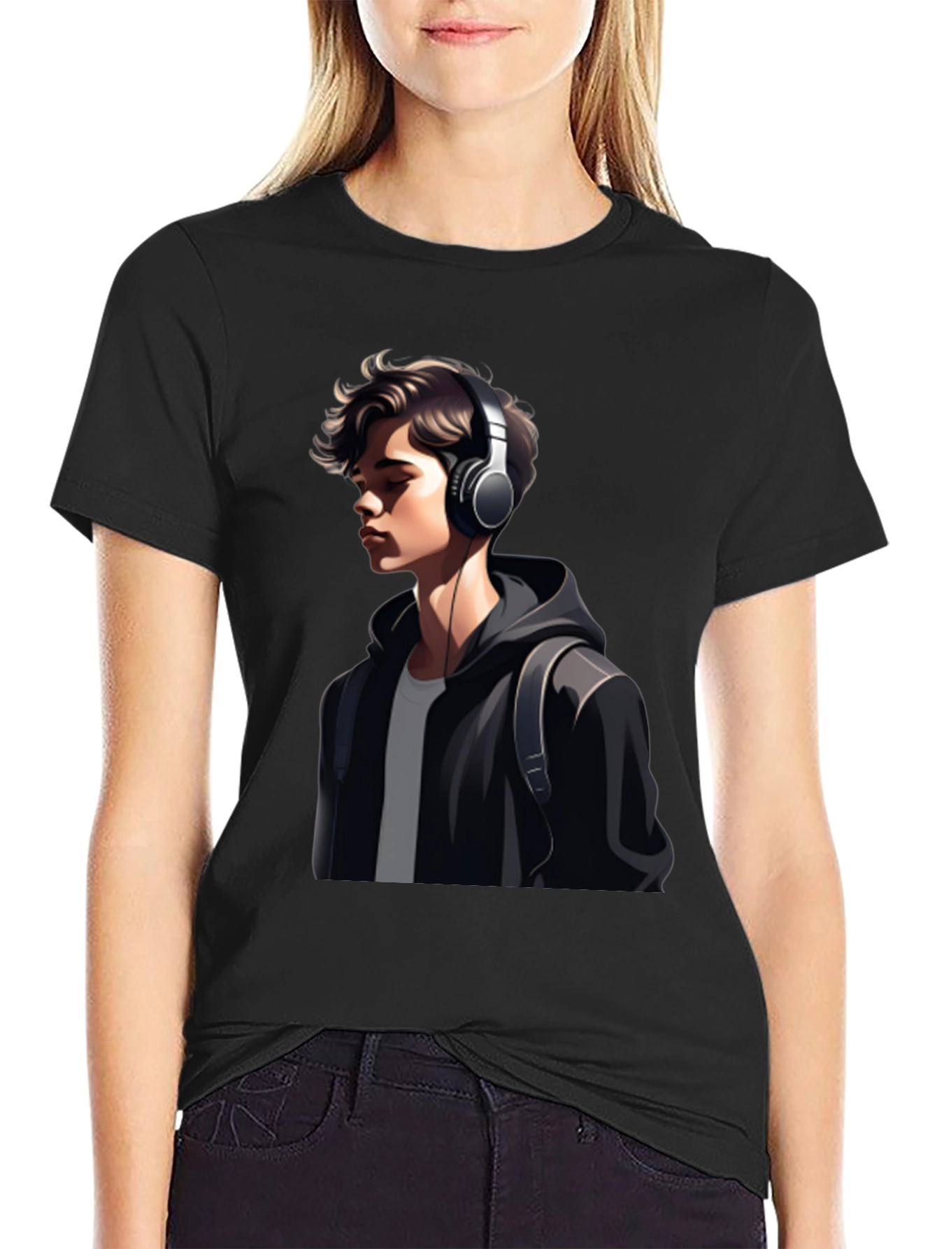 Trendy Mans Graphic Tee - Headphones & Hoodie Design