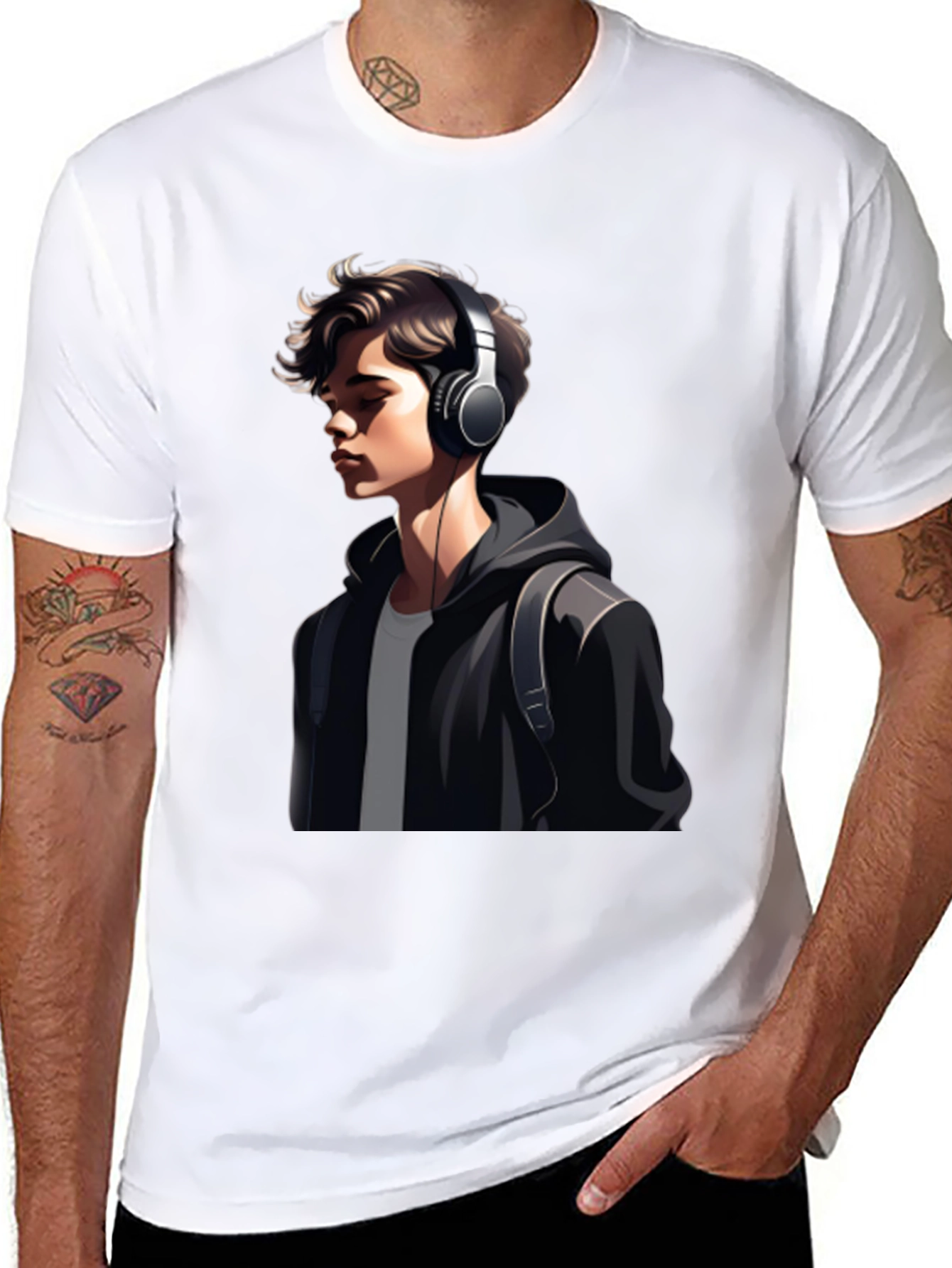Trendy Mans Graphic Tee - Headphones & Hoodie Design