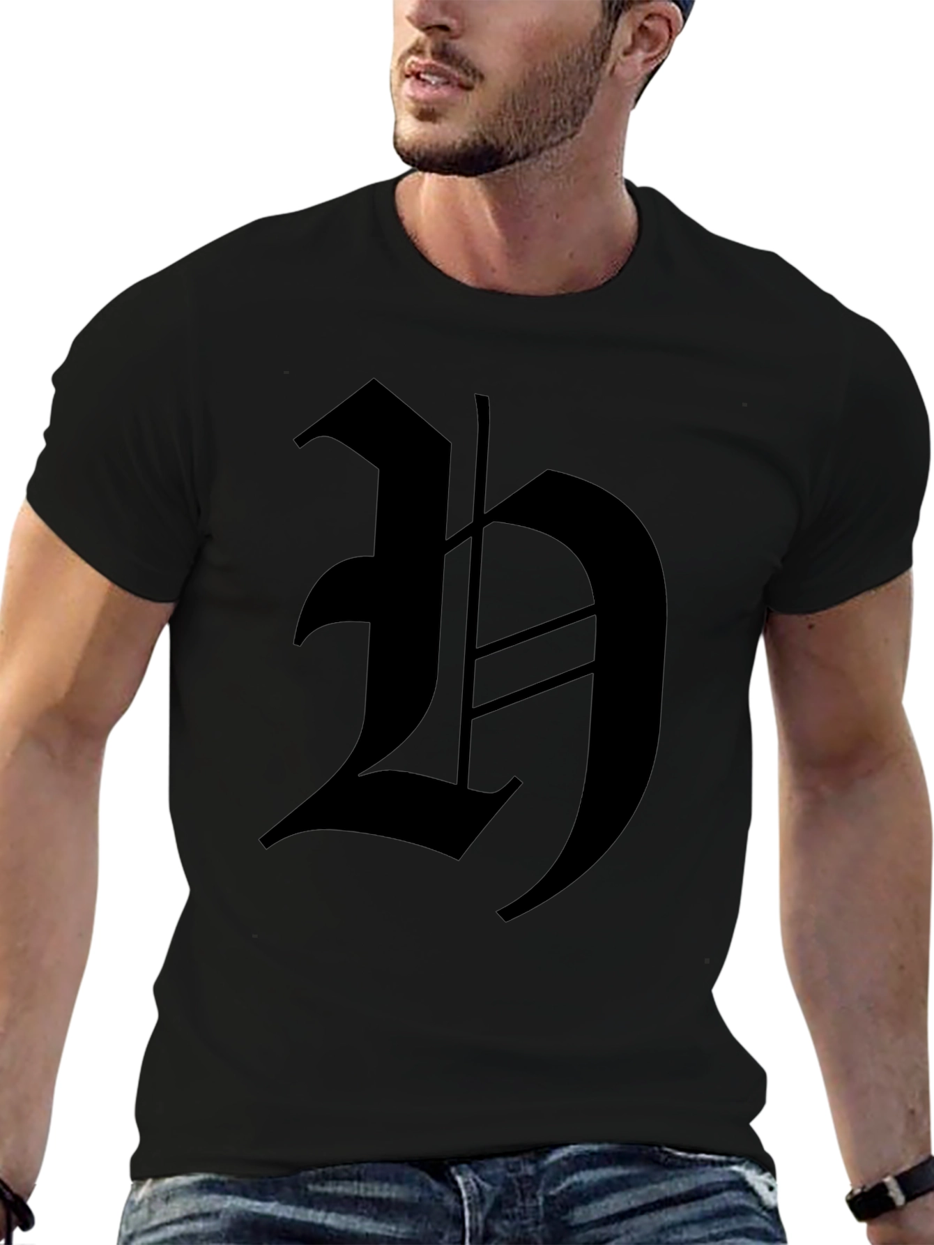 Mens Black T-Shirt with Gothic H Design