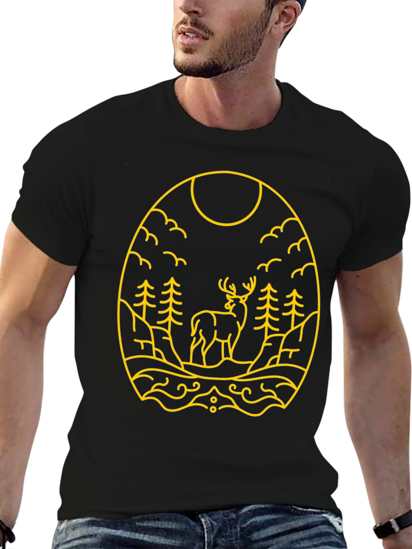 Nature Deer Graphic Tee - Black Cotton
