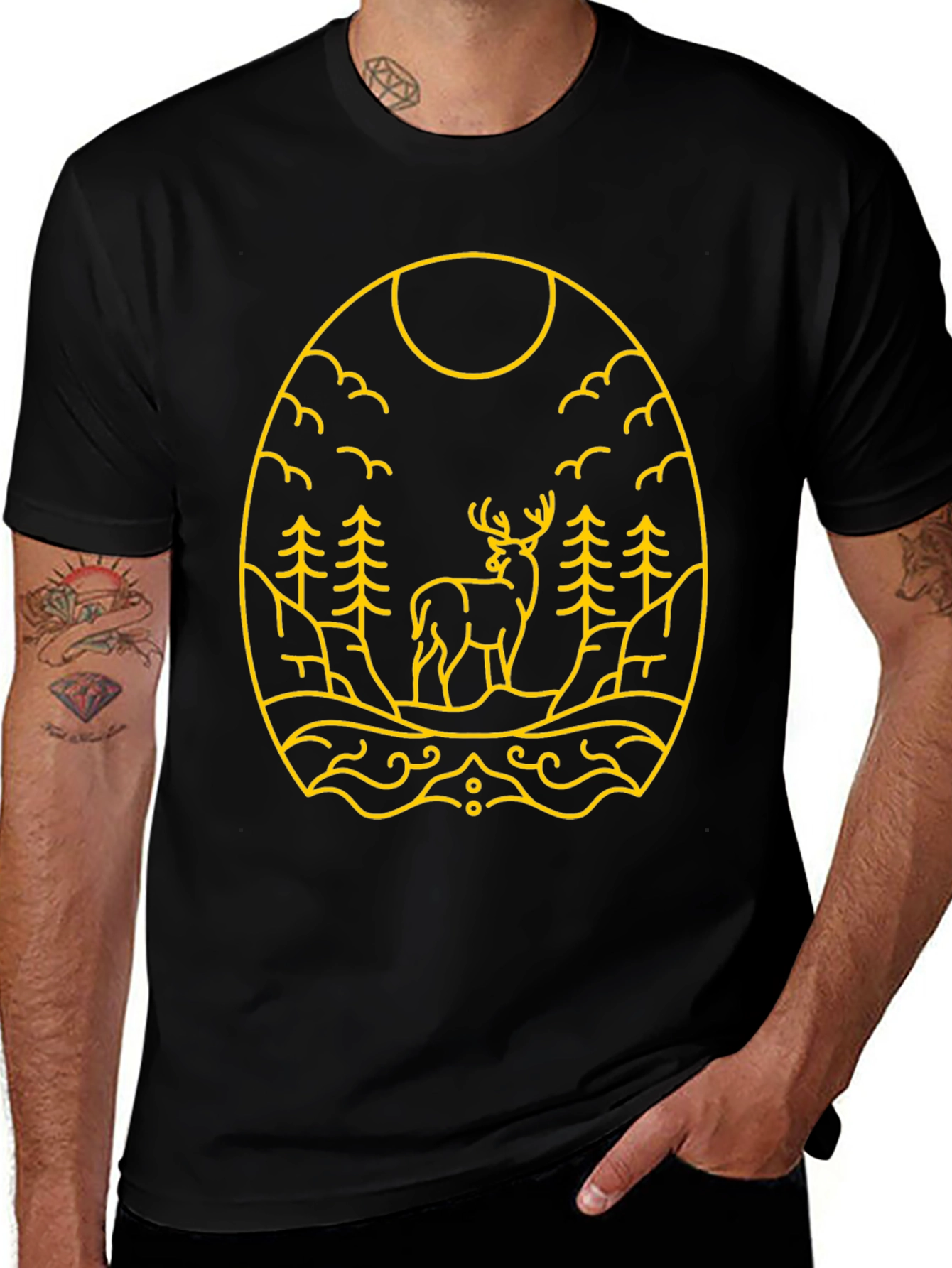 Nature Deer Graphic Tee - Black Cotton