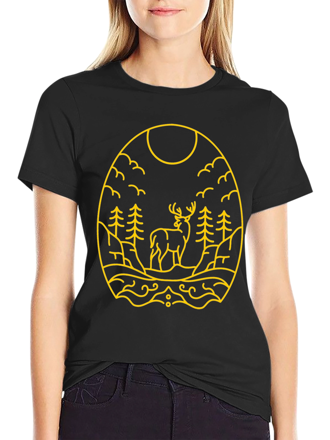 Nature Deer Graphic Tee - Black Cotton