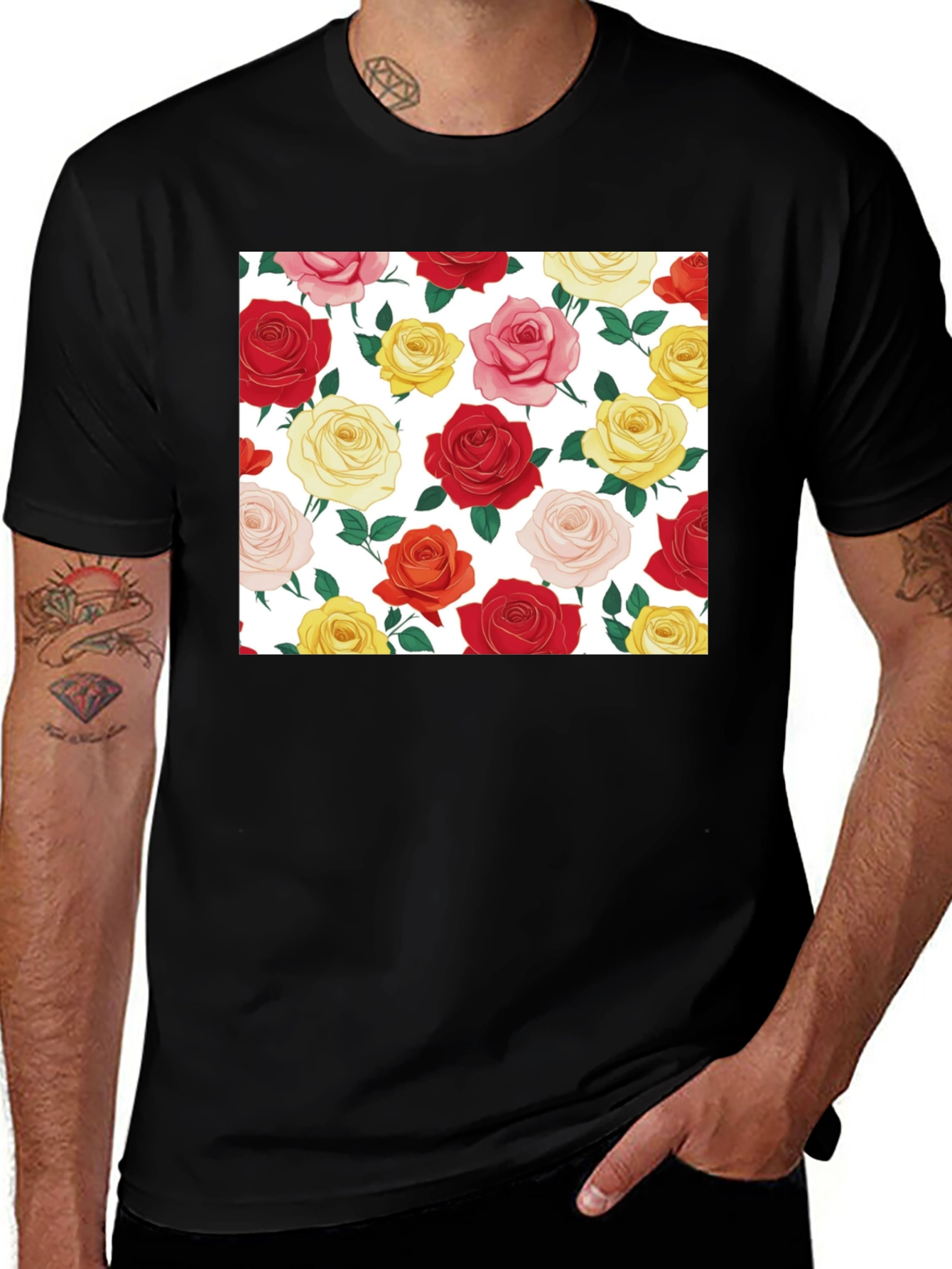 Floral Roses Black T-Shirt - Classic Design
