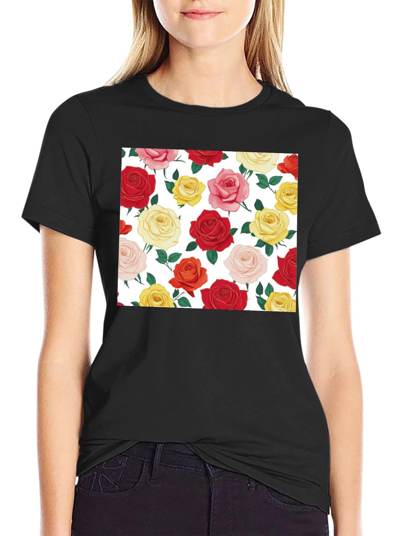 Floral Roses Black T-Shirt - Classic Design