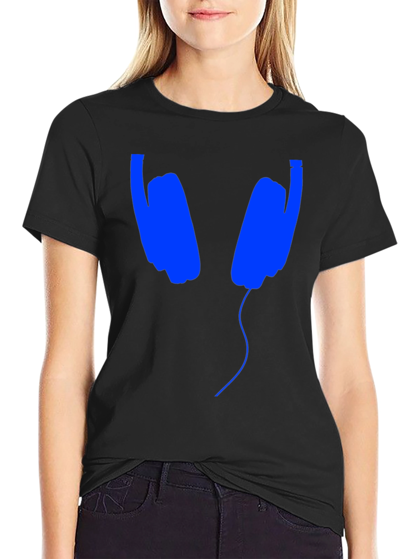 Blue Headphones Graphic Black T-Shirt