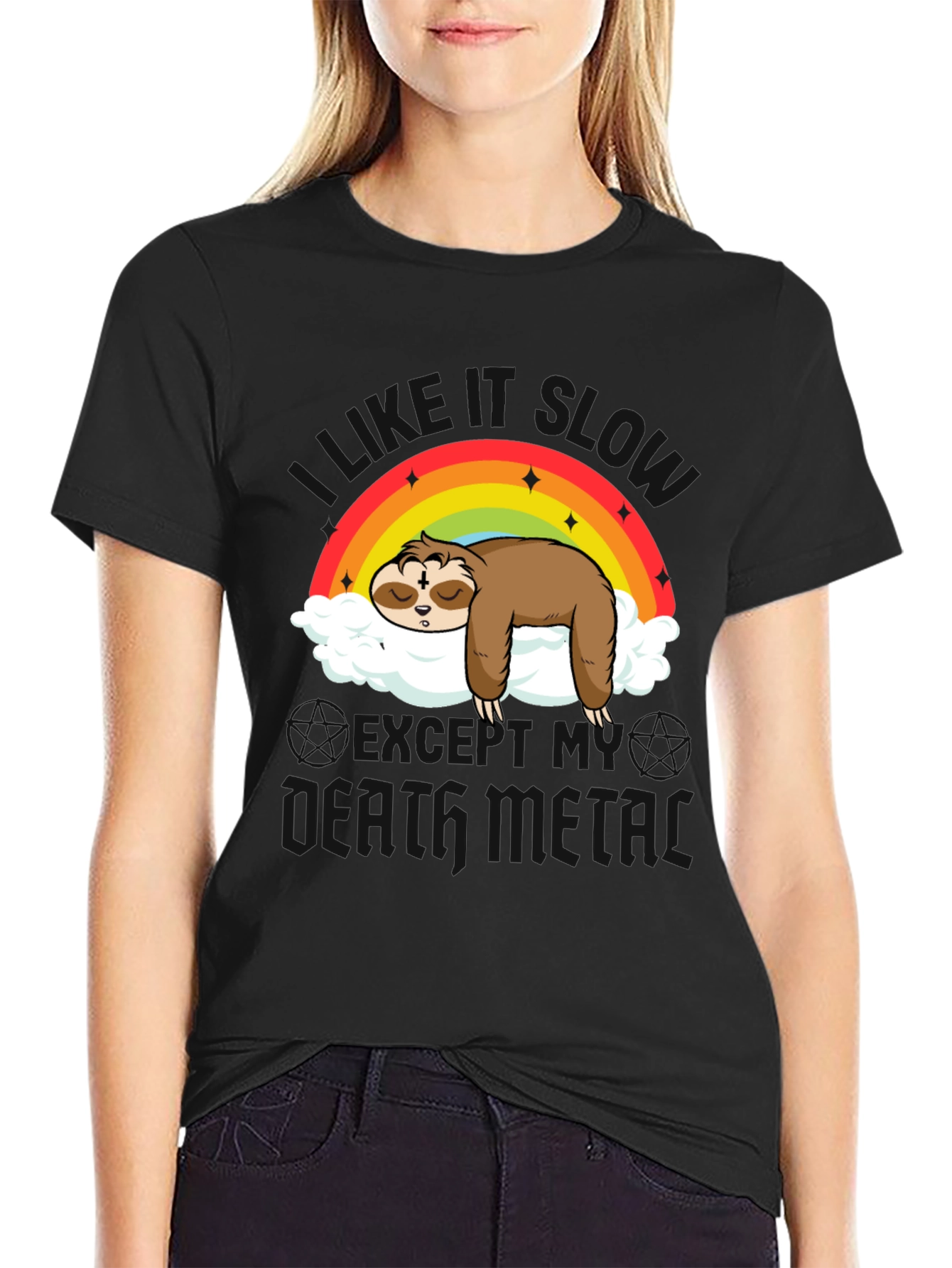 Cute Sloth Rainbow Cloud Heavy Metal T-Shirt