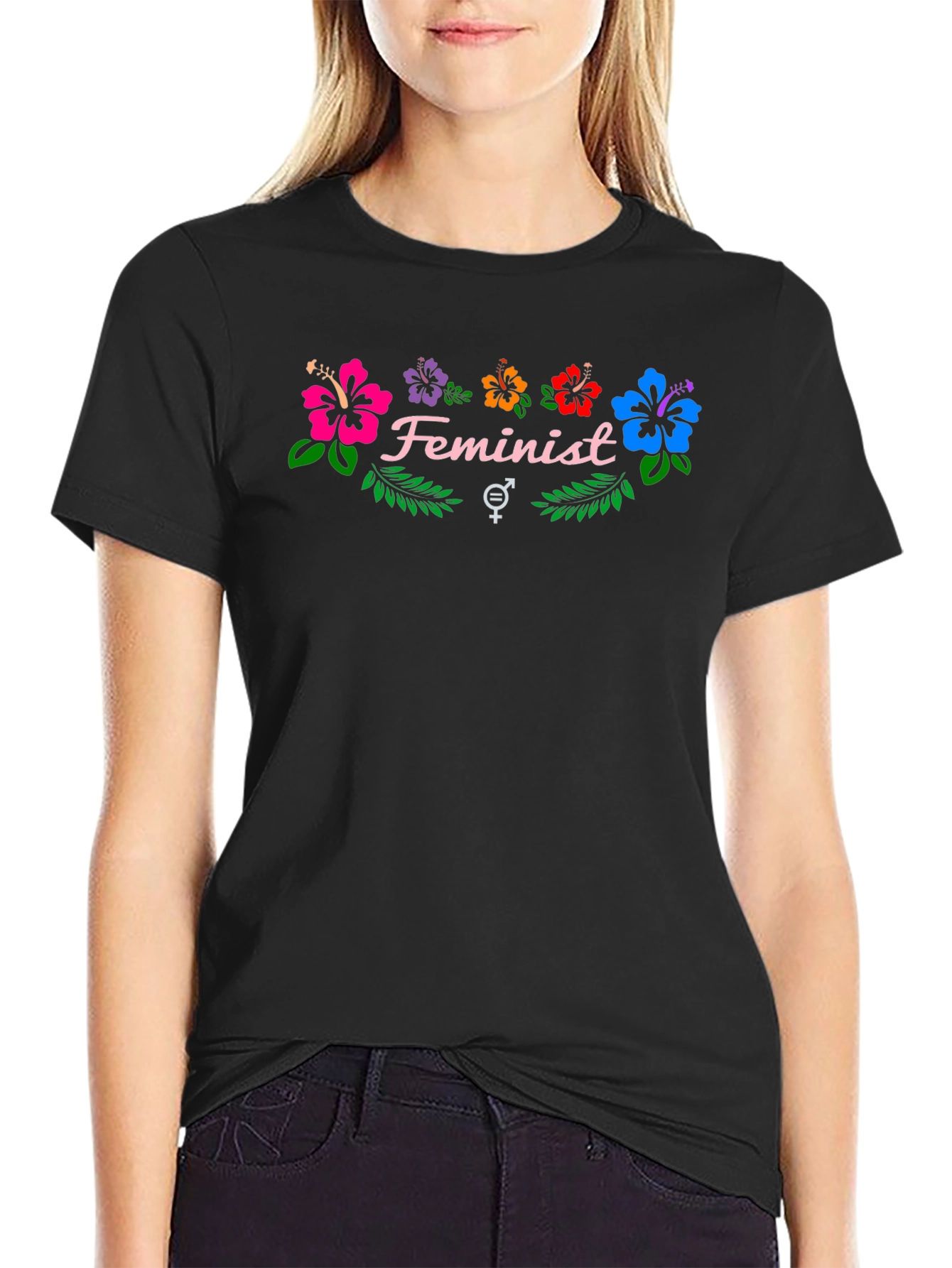 Feminist Floral Graphic Tee - Black Cotton