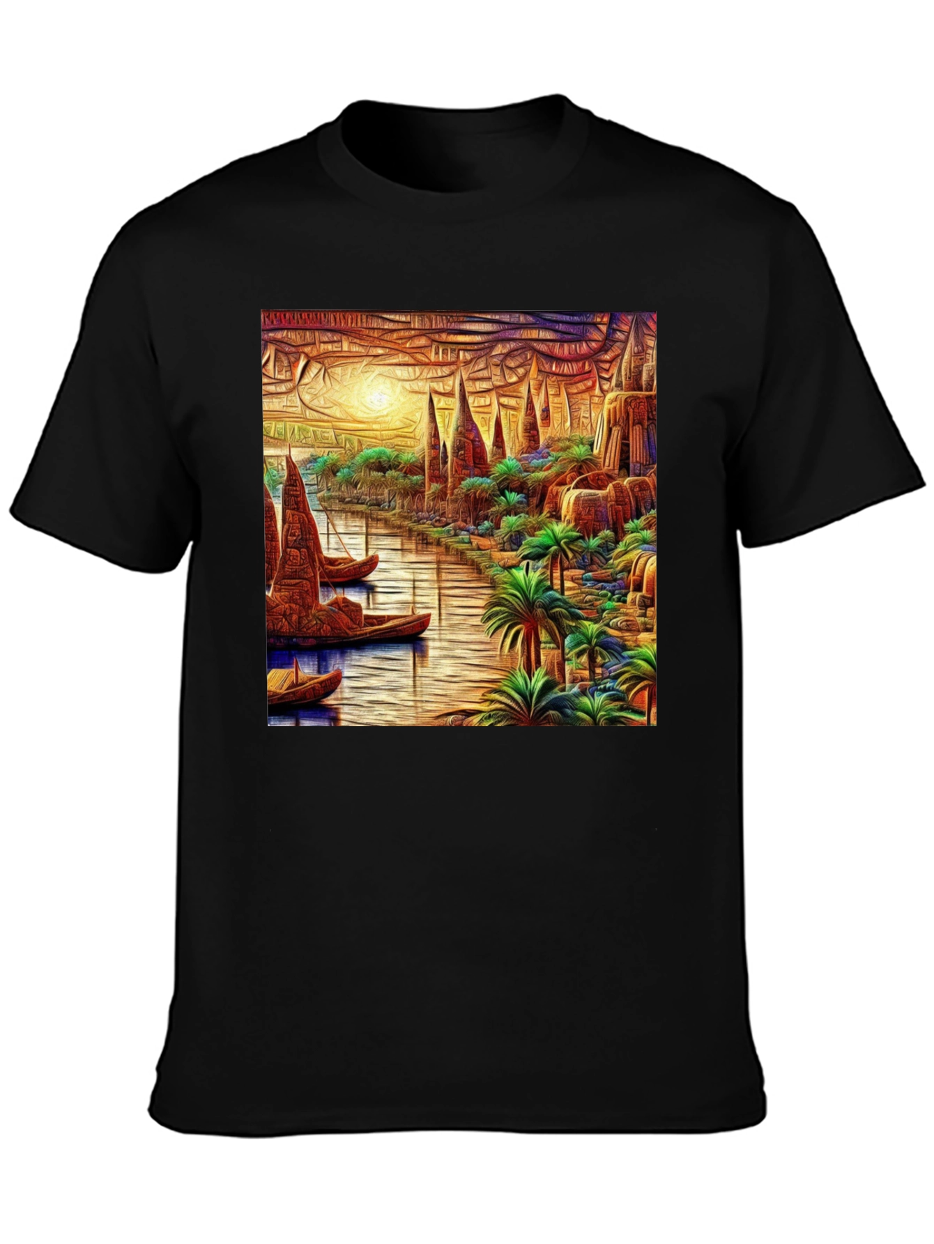 River Cityscape Graphic Tee - Black Cotton Casual Shirt