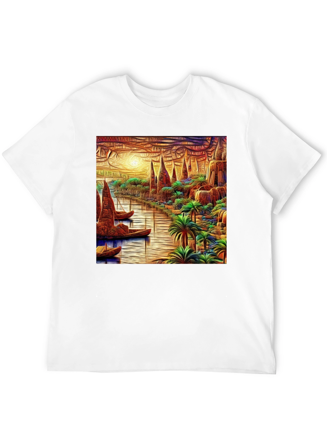 River Cityscape Graphic Tee - Black Cotton Casual Shirt