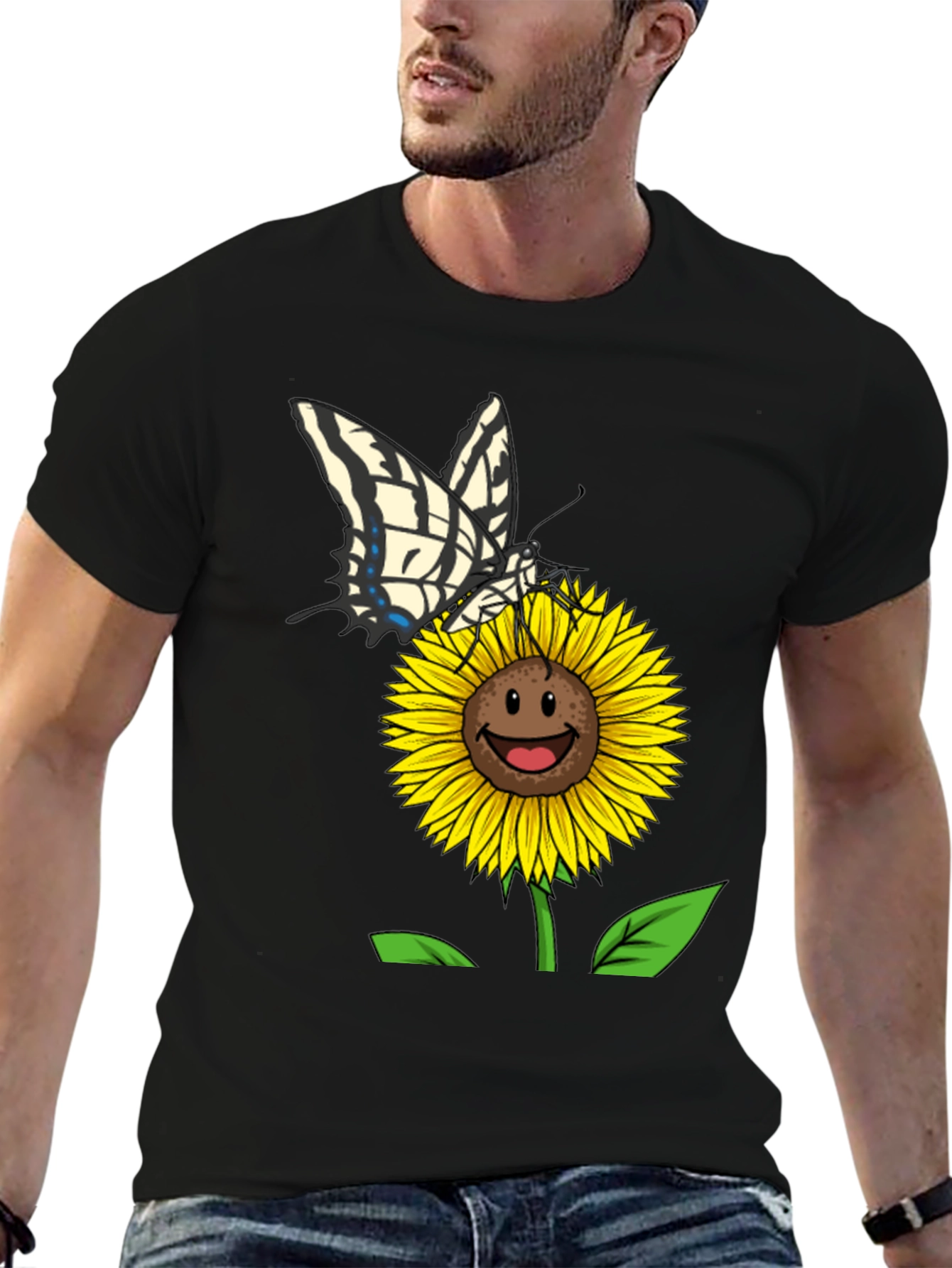 Sunflower and Butterfly Black T-Shirt