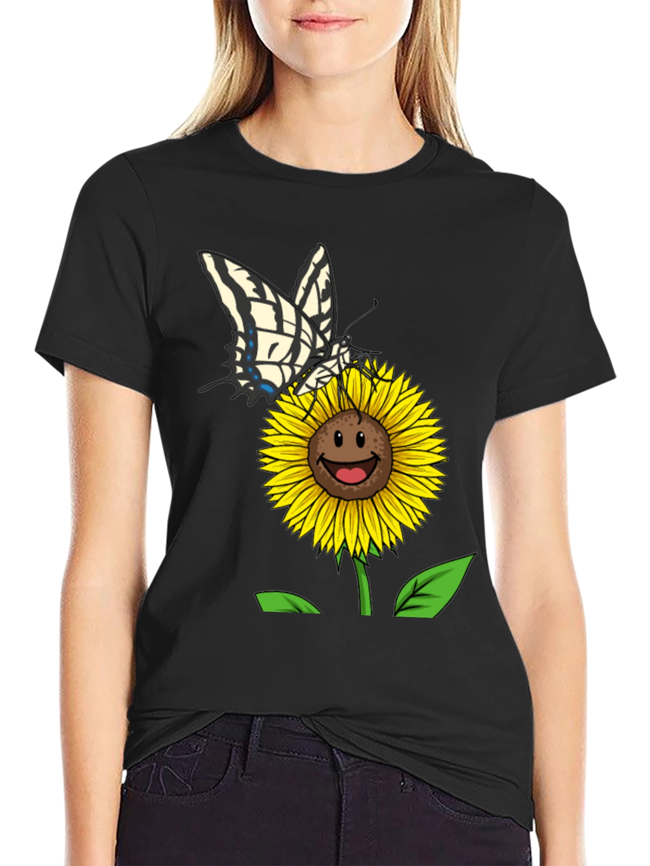 Sunflower and Butterfly Black T-Shirt