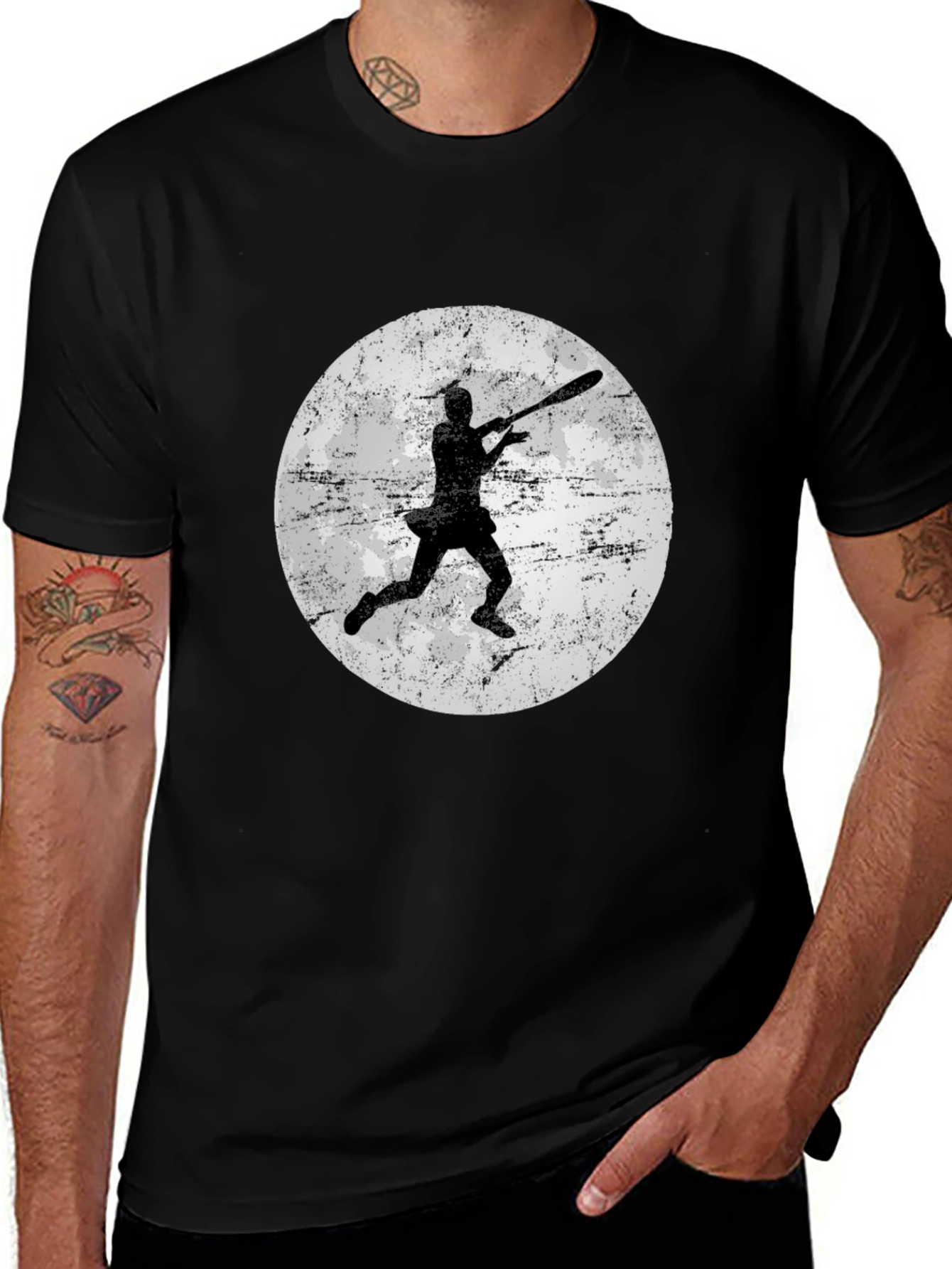 Baseball Player Moon Graphic Tee - Black Cotton