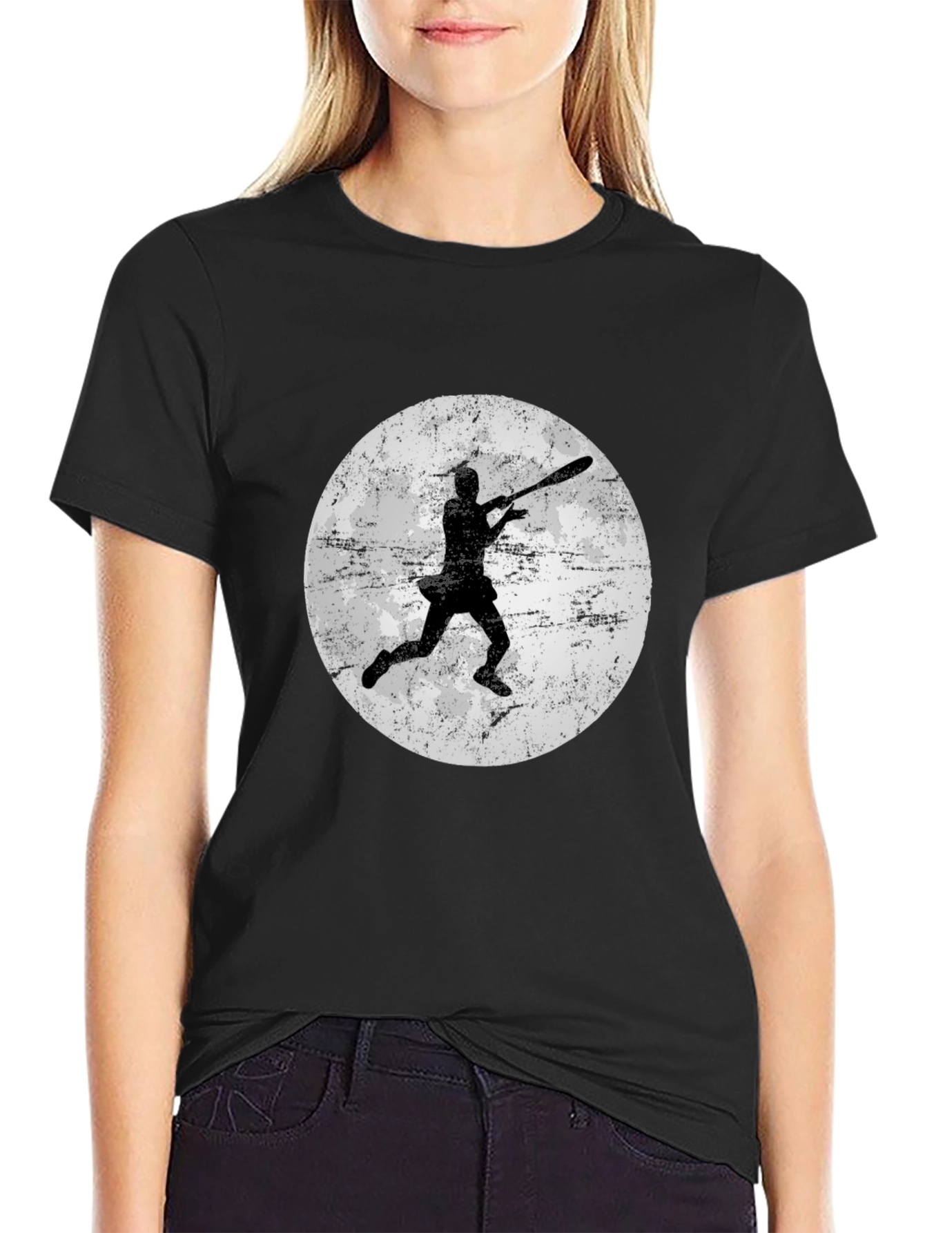 Baseball Player Moon Graphic Tee - Black Cotton