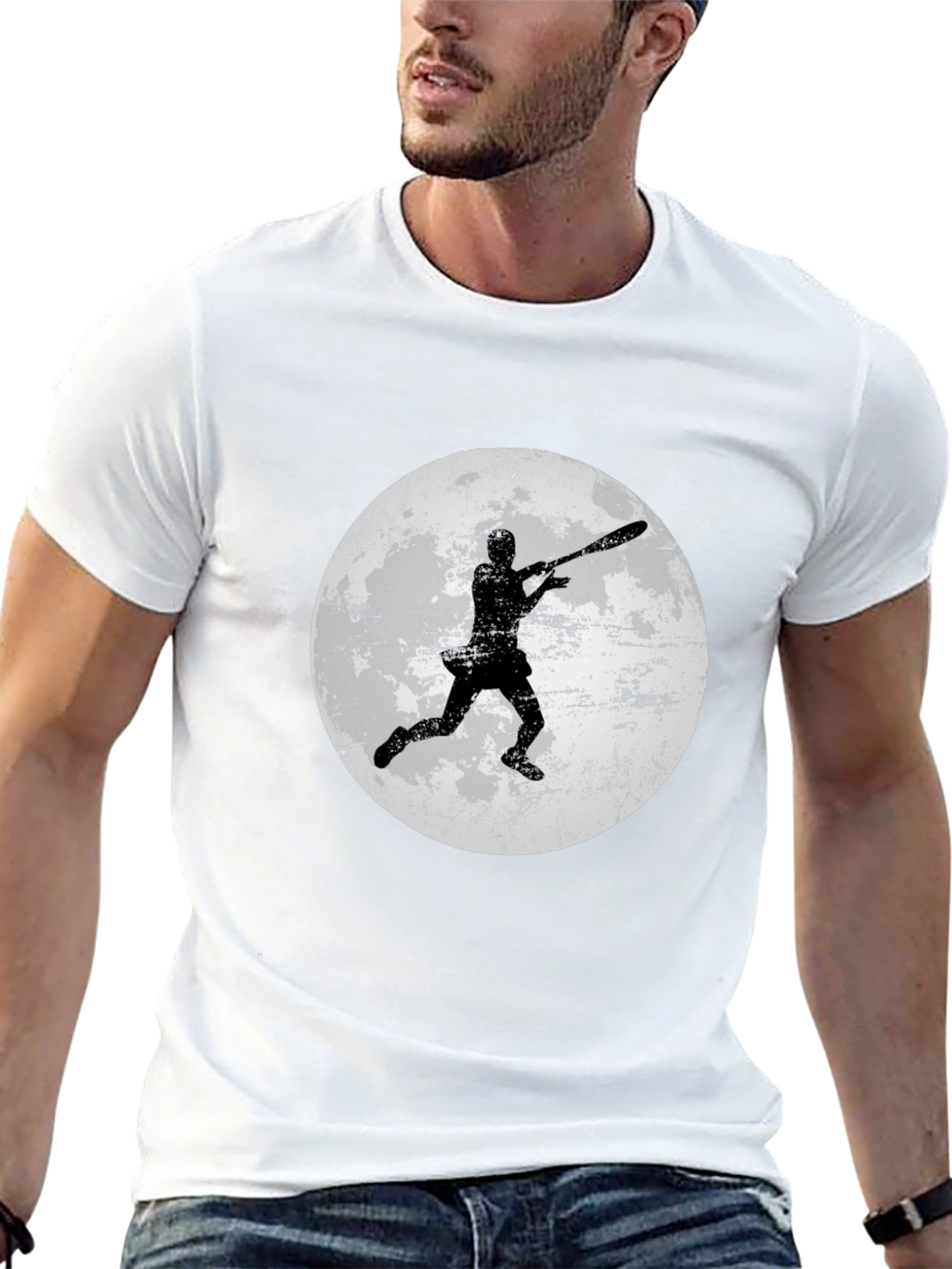 Baseball Player Moon Graphic Tee - Black Cotton
