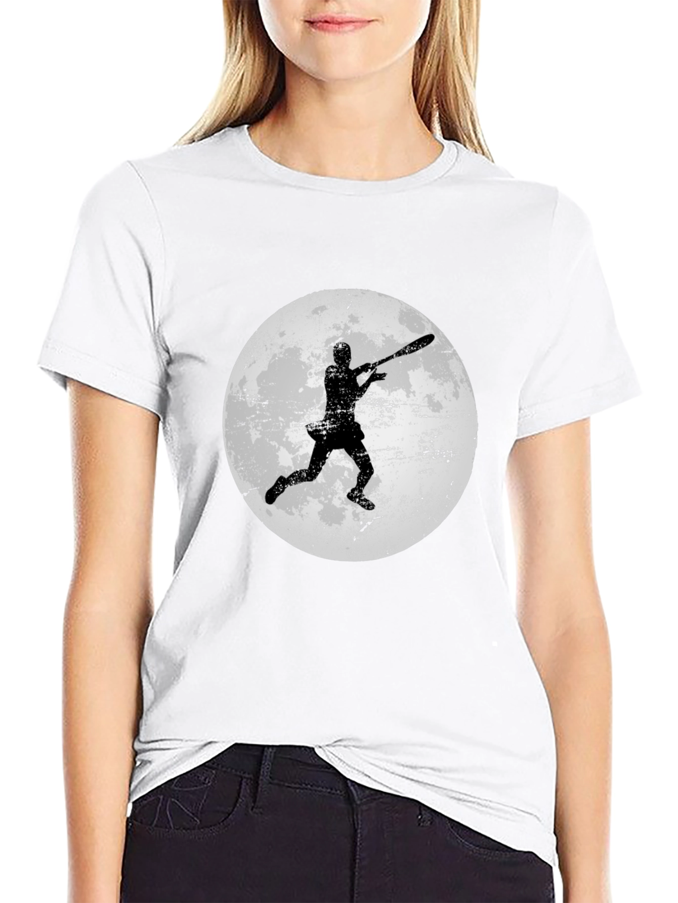 Baseball Player Moon Graphic Tee - Black Cotton