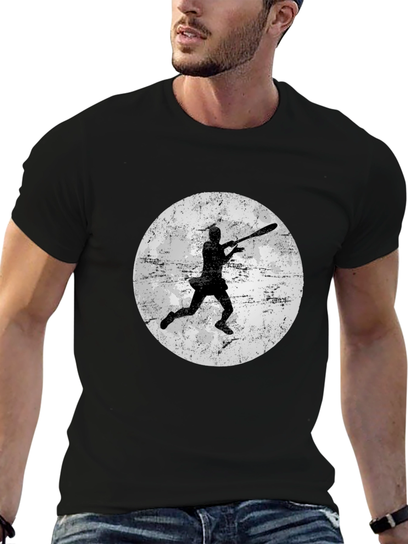 Baseball Player Moon Graphic Tee - Black Cotton