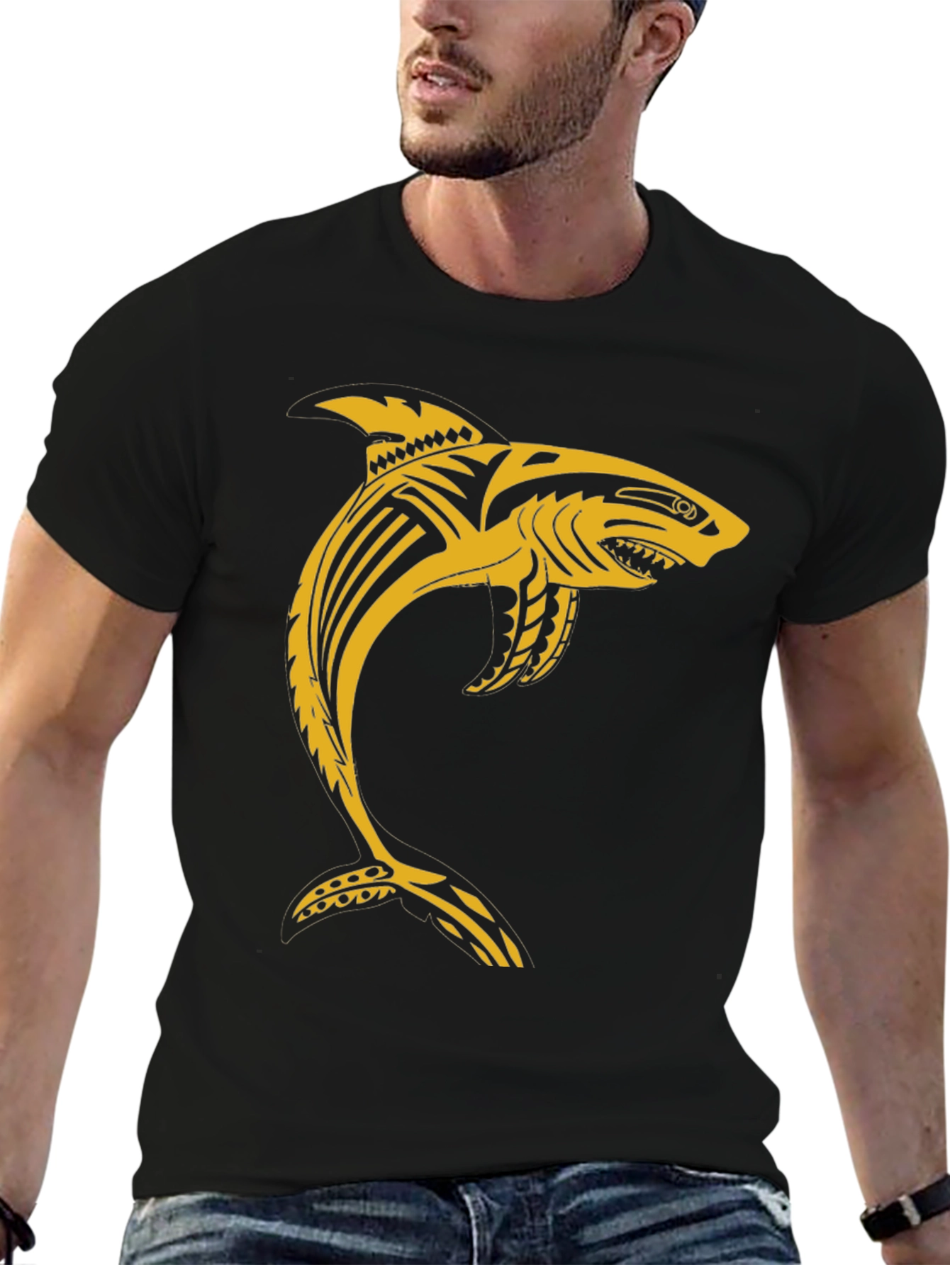 Tribal Shark Graphic T-Shirt - Black