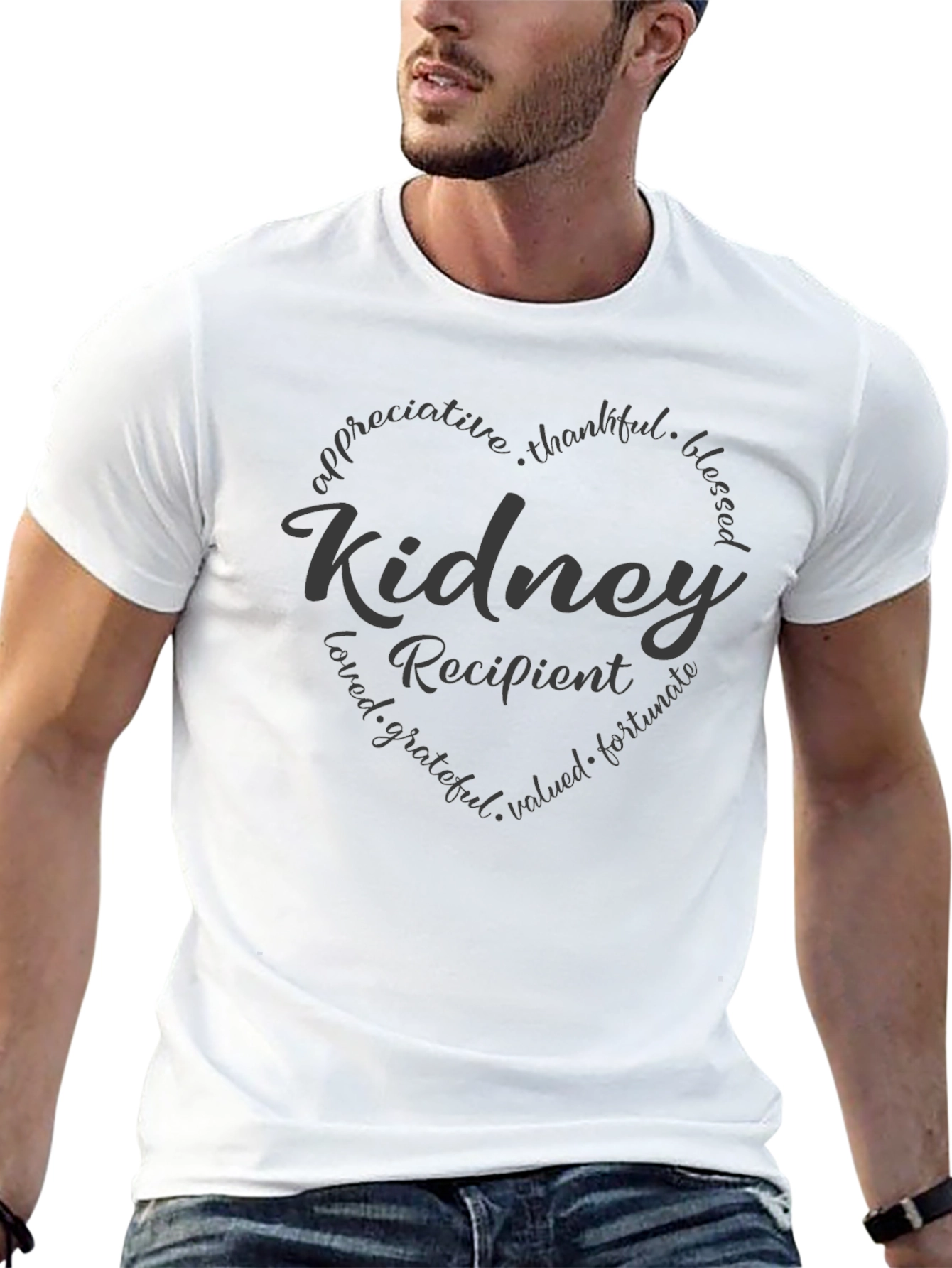Kidney Recipient Heart Graphic Tee - Appreciative Thankful Blessed