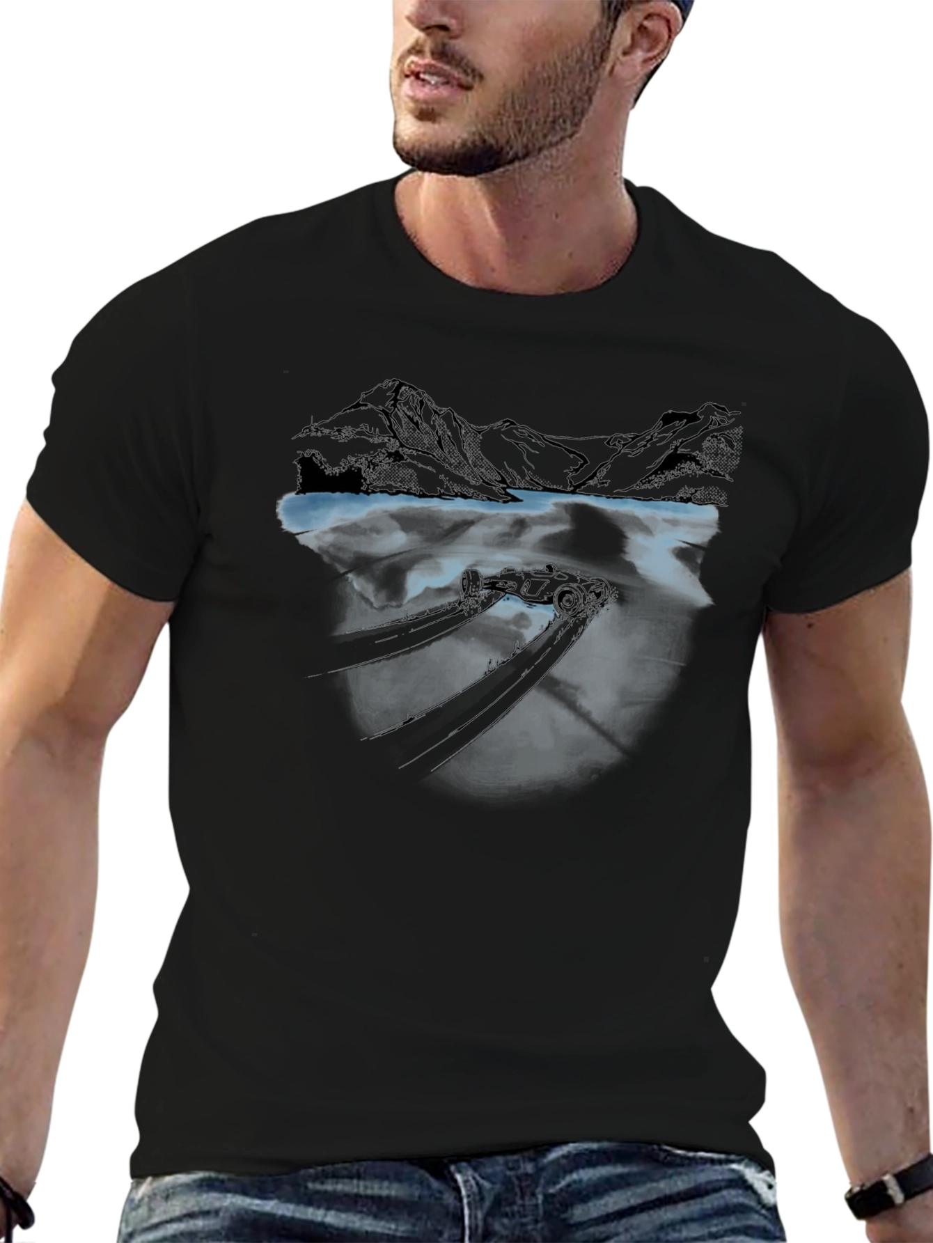 Mountain Lake Reflection Graphic Tee - Black