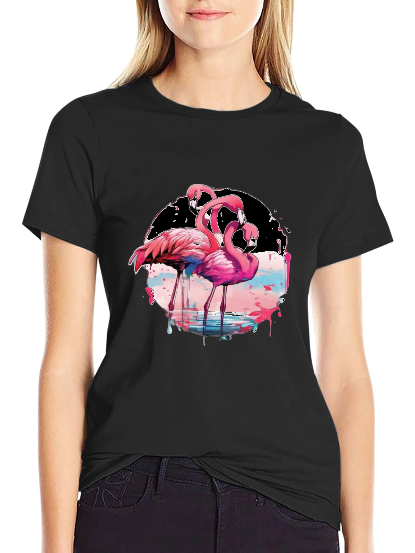Flamingo Graphic Print Black T-Shirt