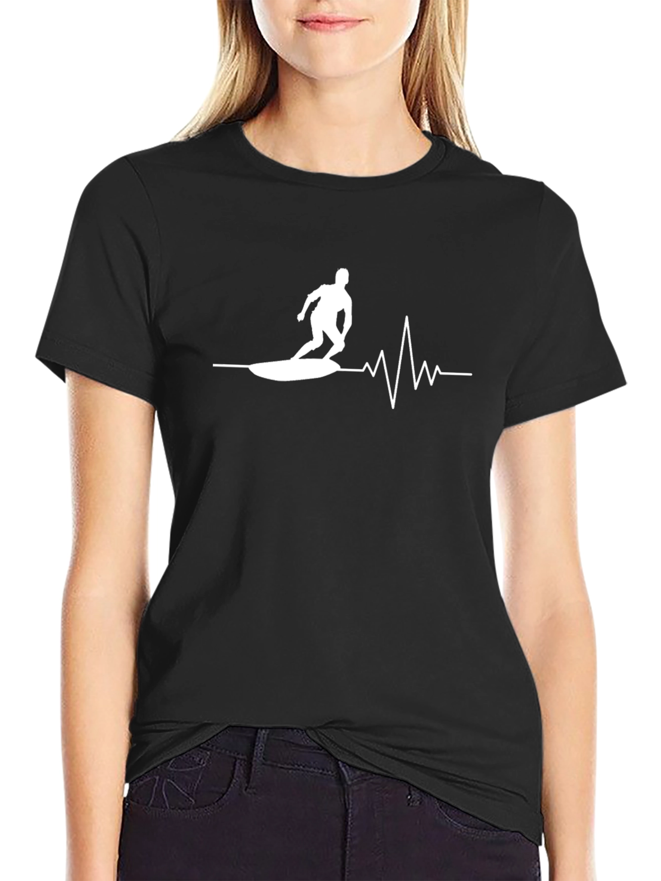 Surfing Heartbeat Graphic T-Shirt - Black